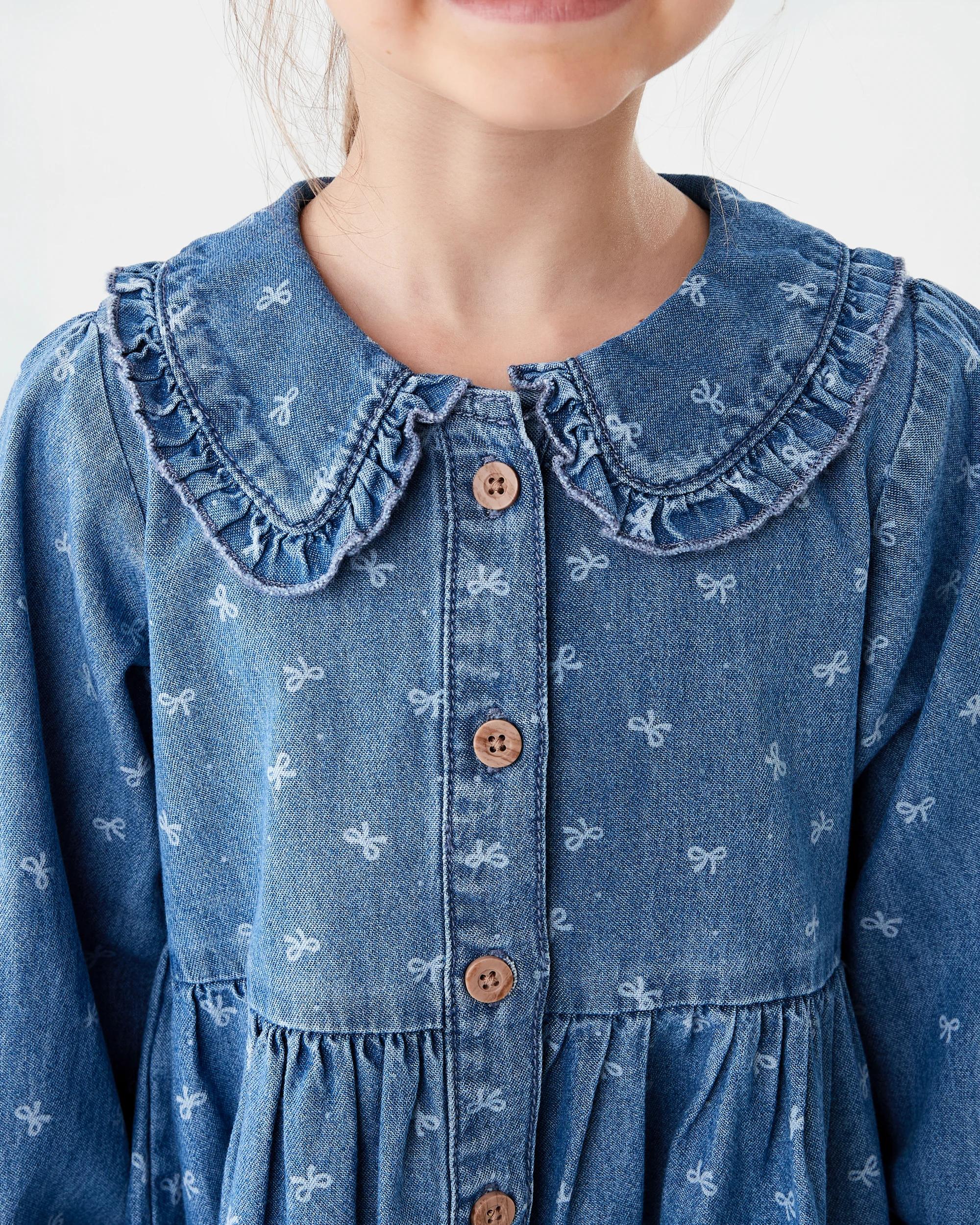 4 Long Sleeve Denim Collard Dress Blu Bow, 4 of 8