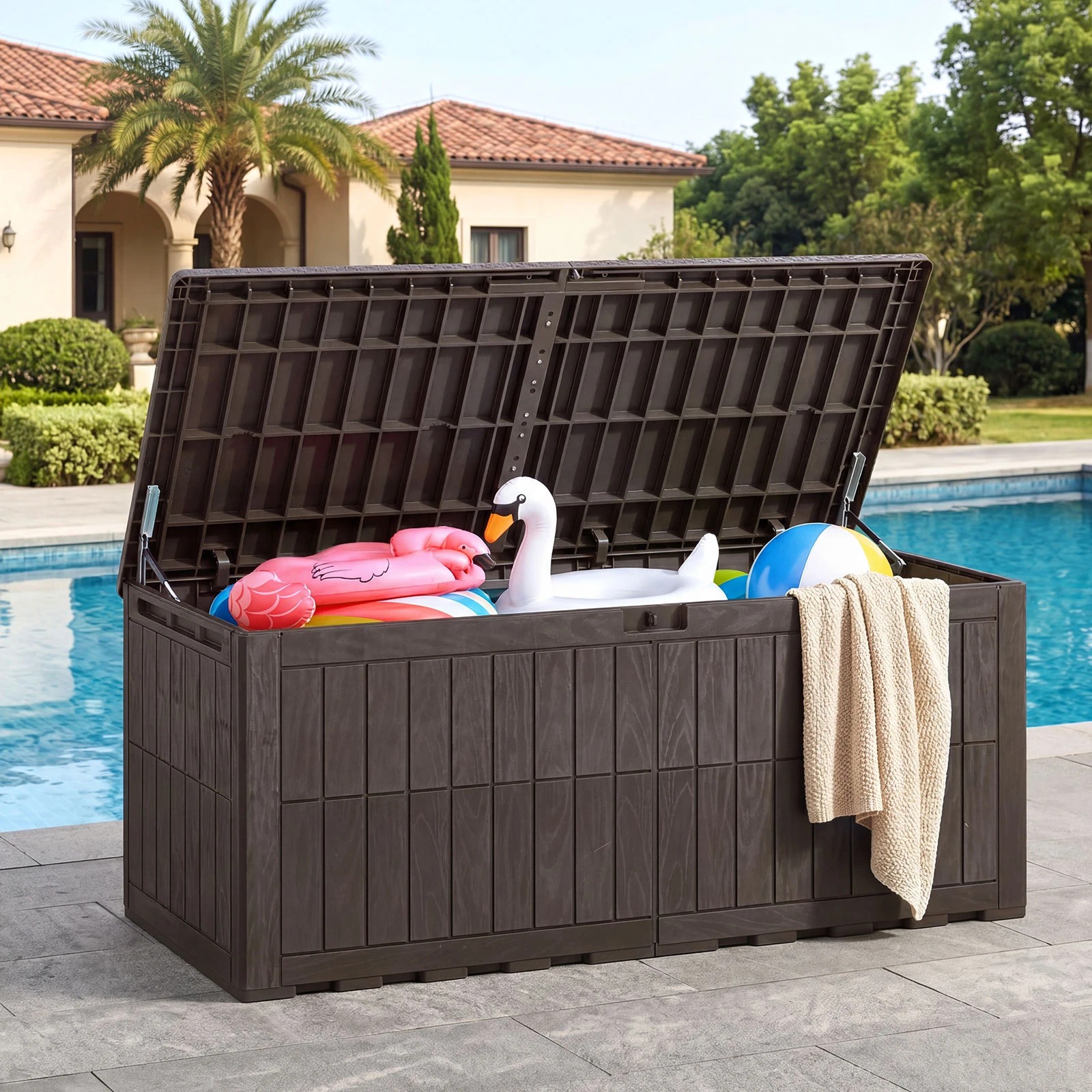 3 Costway 680L Outdoor Deck Box Patio Bench All-Weather Storage Bin w/Handles - Brown, 3 of 6