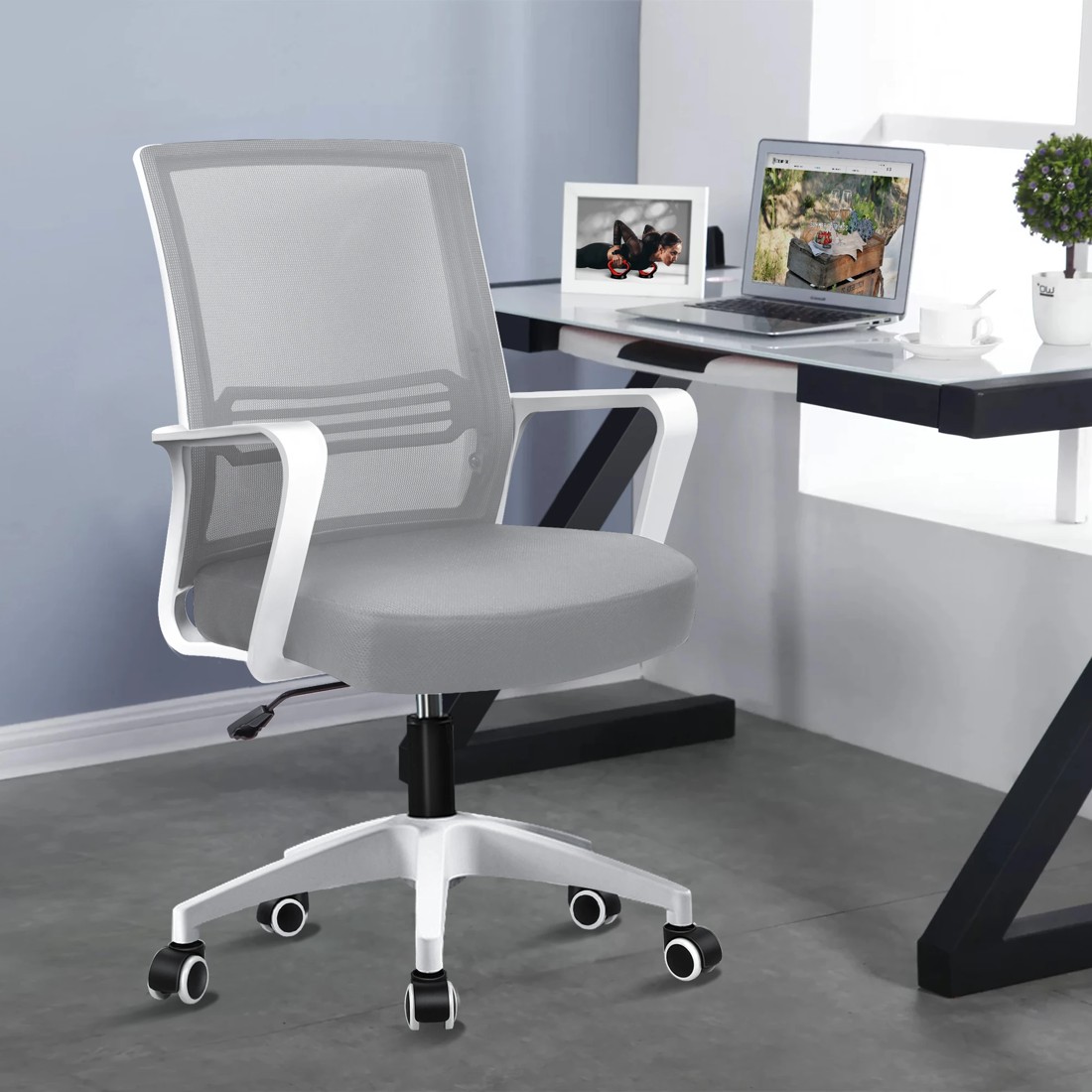 2 Alfordson Mesh Office Chair Executive Computer Gaming Racing Study Work Seat - White Grey, 2 of 9