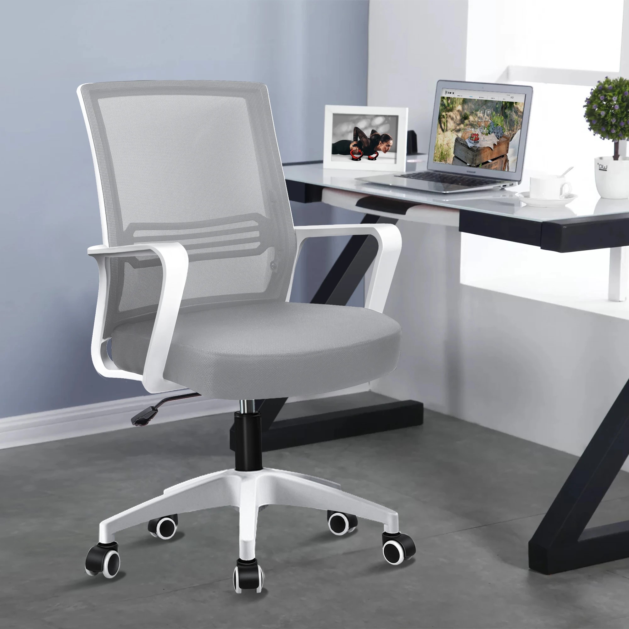 2 Alfordson Mesh Office Chair Executive Computer Gaming Racing Study Work Seat - White Grey, 2 of 9