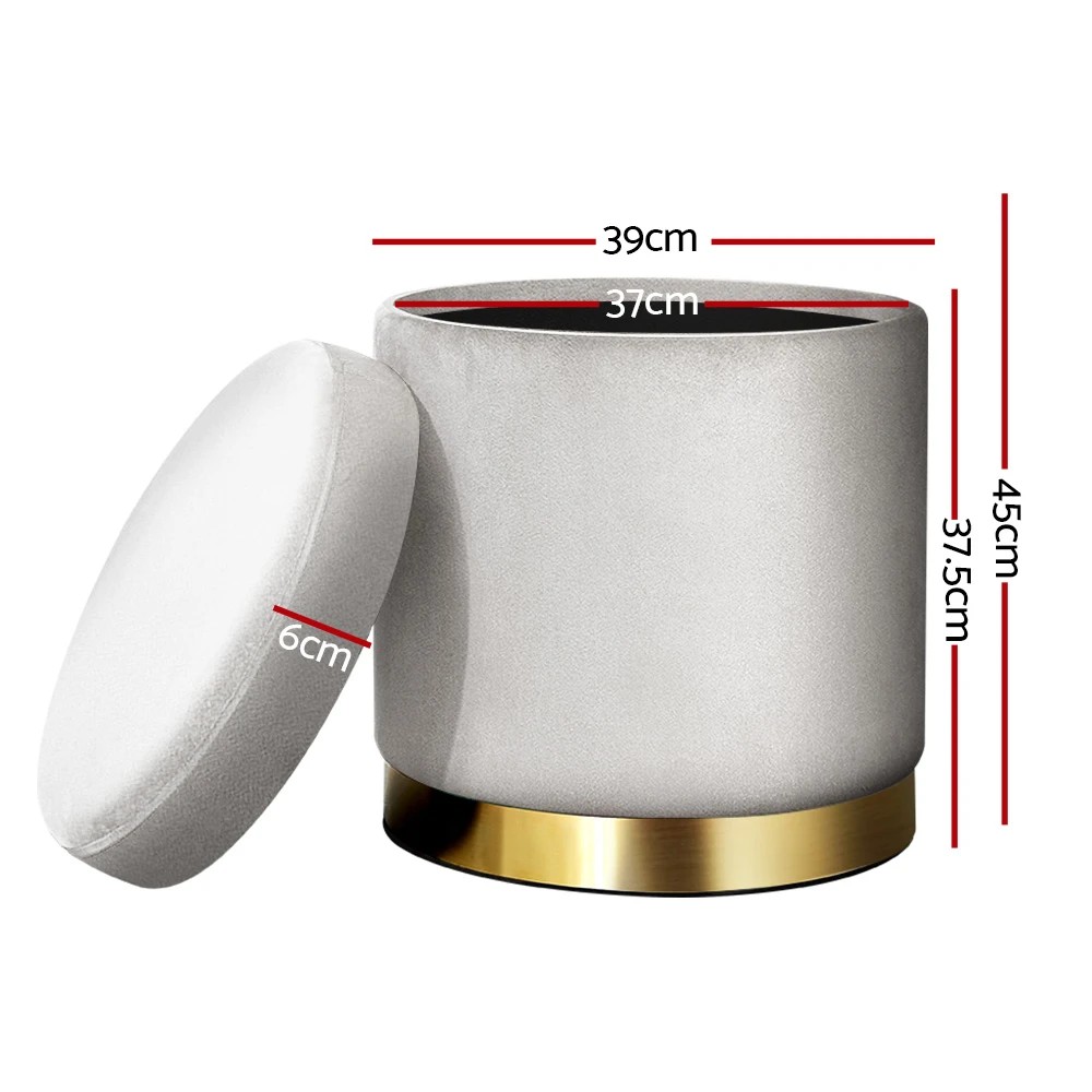 2 Artiss Ottoman Storage Foot Stool Round Velvet - Grey, 2 of 5