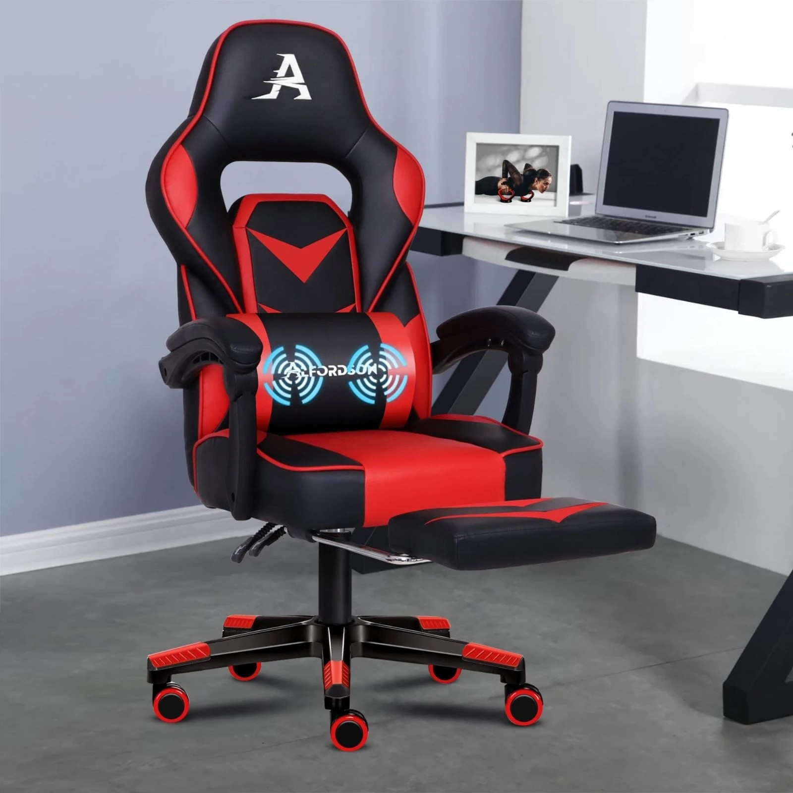 2 Alfordson Gaming Chair Office Seat Racing Lumbar Massage Footrest Executive - Red, 2 of 10