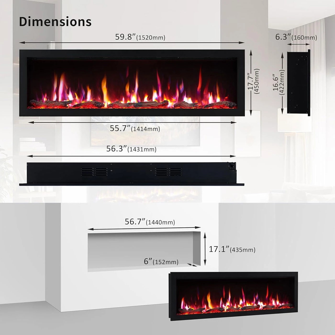 5 Moda Living Aria 60 inch Electric Fireplace - Black, 5 of 7