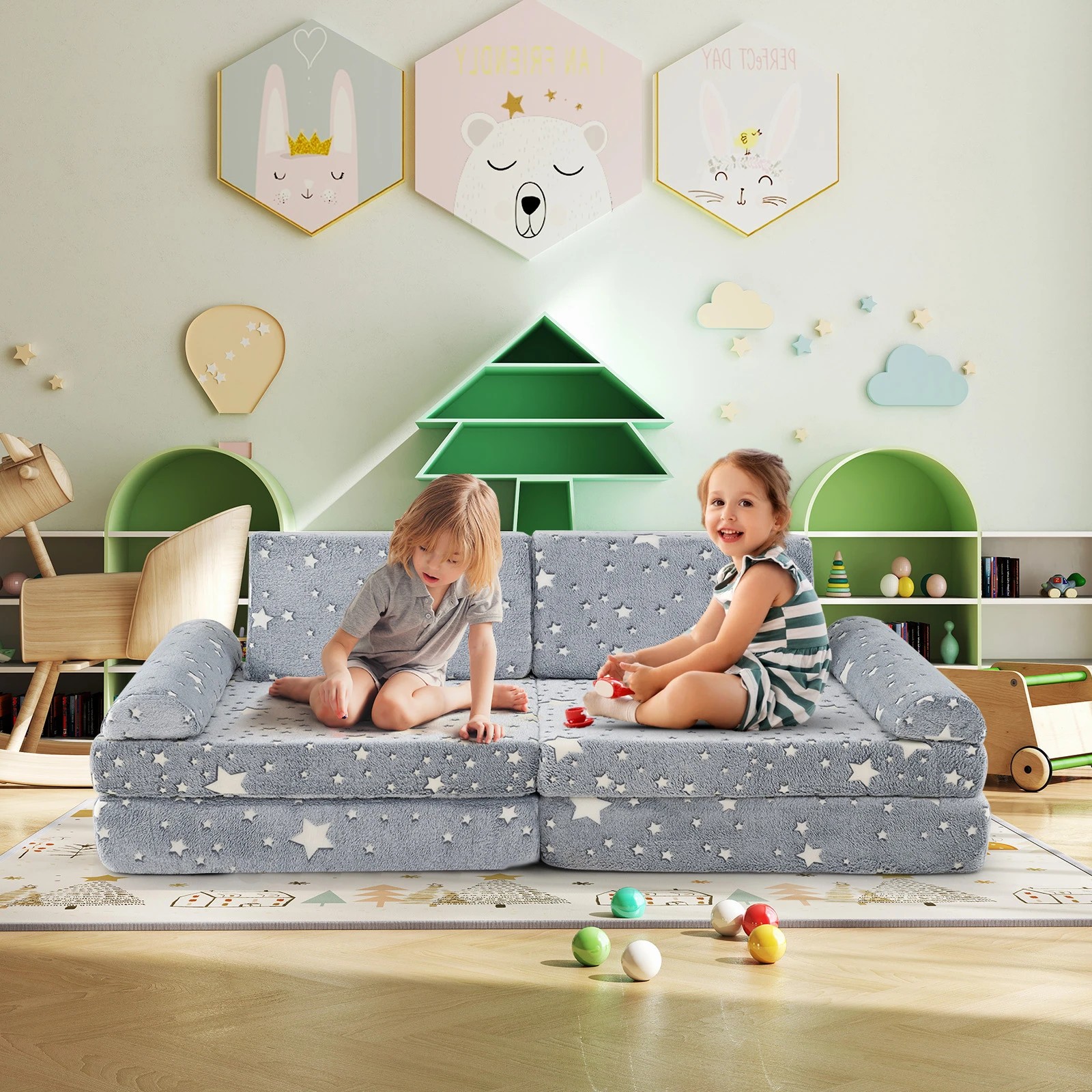 2 Costway 8PCS Modular Play Couch Glow in the Dark Sectional Sofa - Grey, 2 of 3