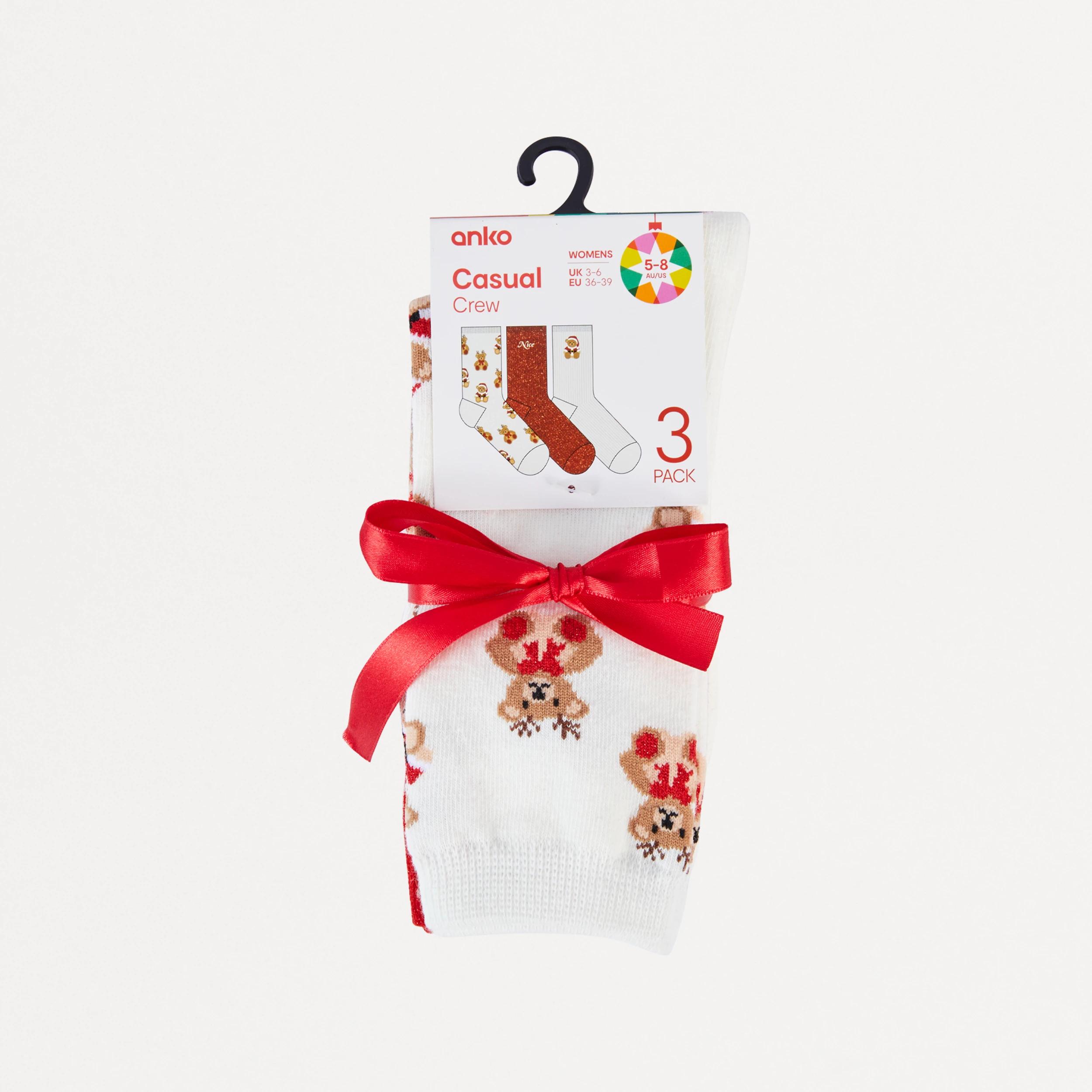 3 3 Pack Christmas Ribbed Crew Socks Xmas Bears, 3 of 4