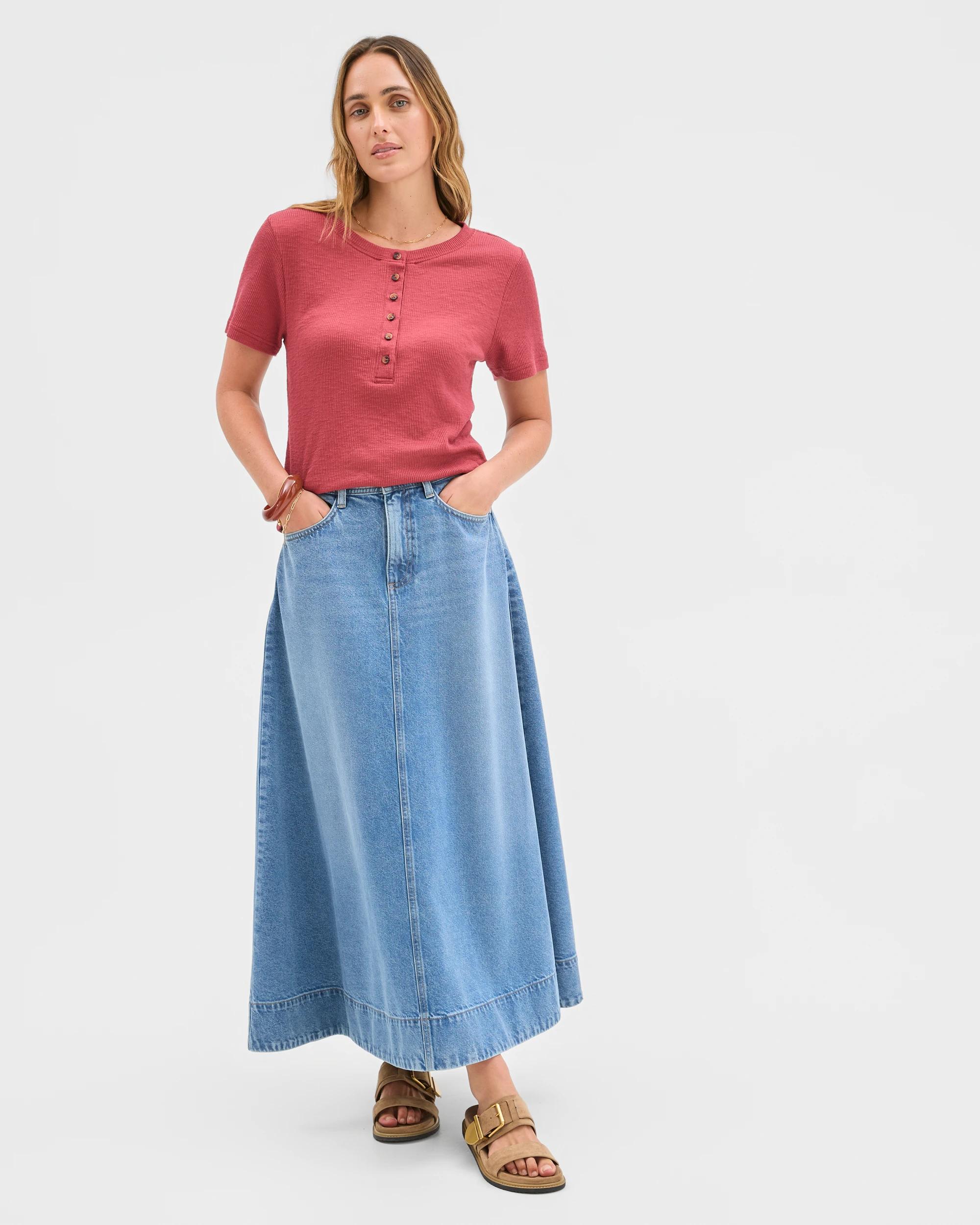 1 Target Woman Australian Cotton Blend Textured Rib Henley T-Shirt EARTH RED, 1 of 5