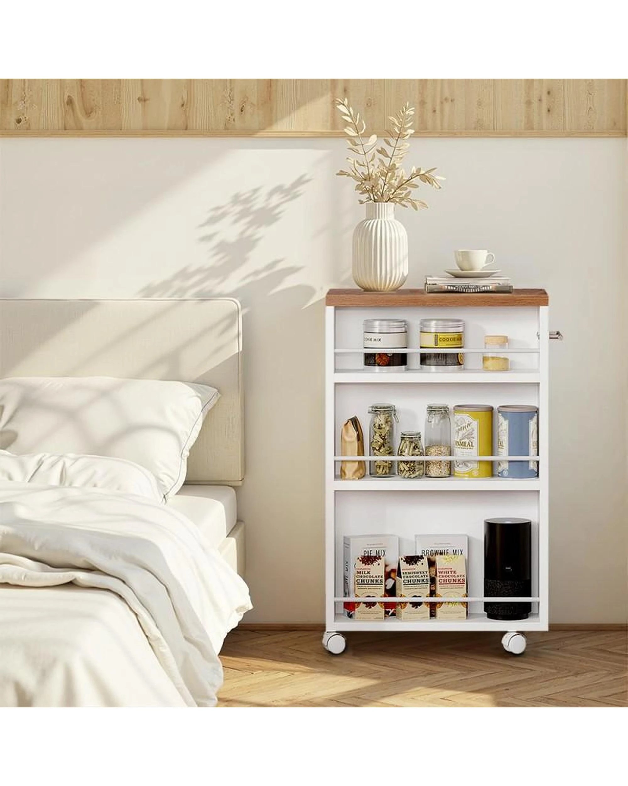 3 OAKORY 80cm Slim 3-Tier Storage Cart, Kitchen Island with Wheels in White  for Narrow Space, 3 of 9