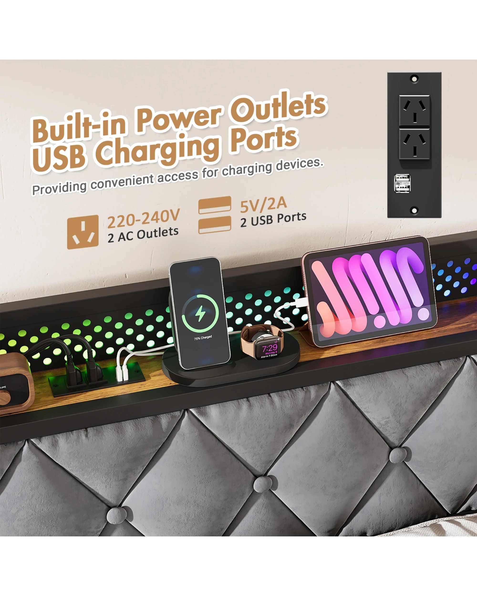 5 Advwin Queen Bed Frame With Charging Station And Rgb Led Lights Storage Headboard Shelf, 5 of 8