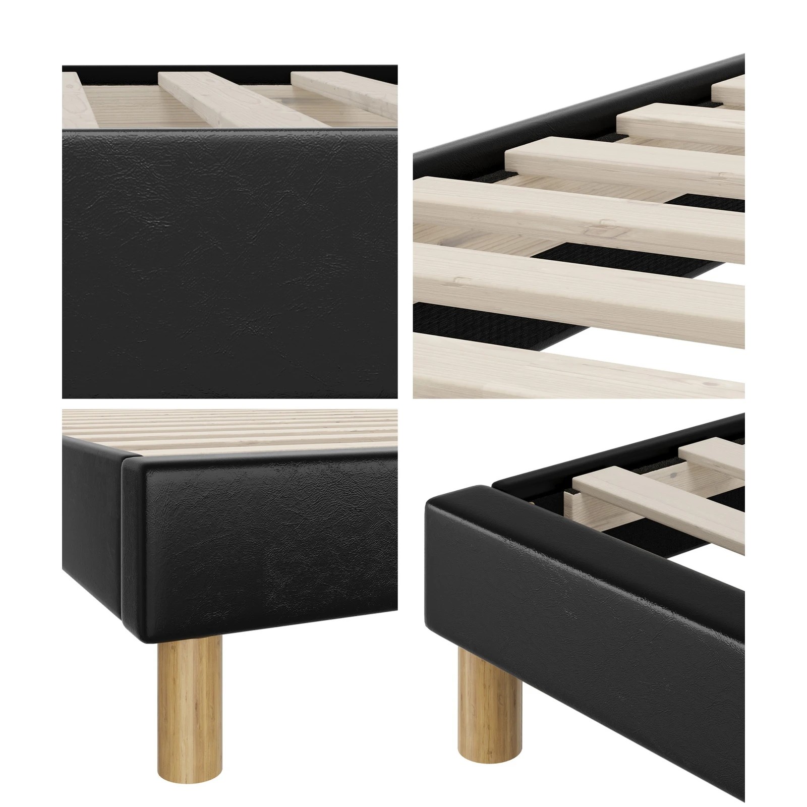 4 Oikiture Bed Frame Queen Size Bed Base PU Leather - Black, 4 of 9