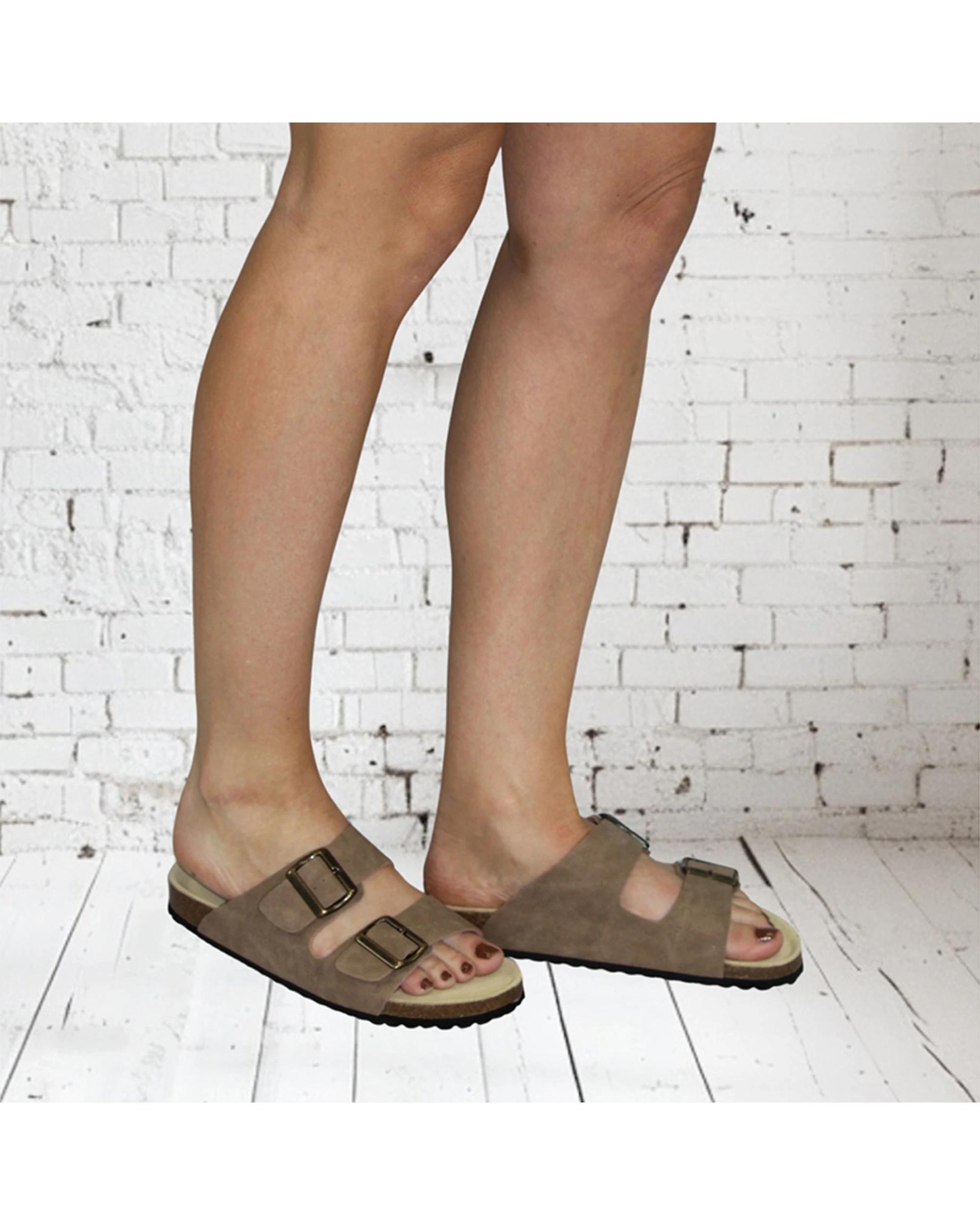 5 Human Shoes Ibiza Women's Slip On Sandals Double Buckle Ocelot TAUPE, 5 of 6