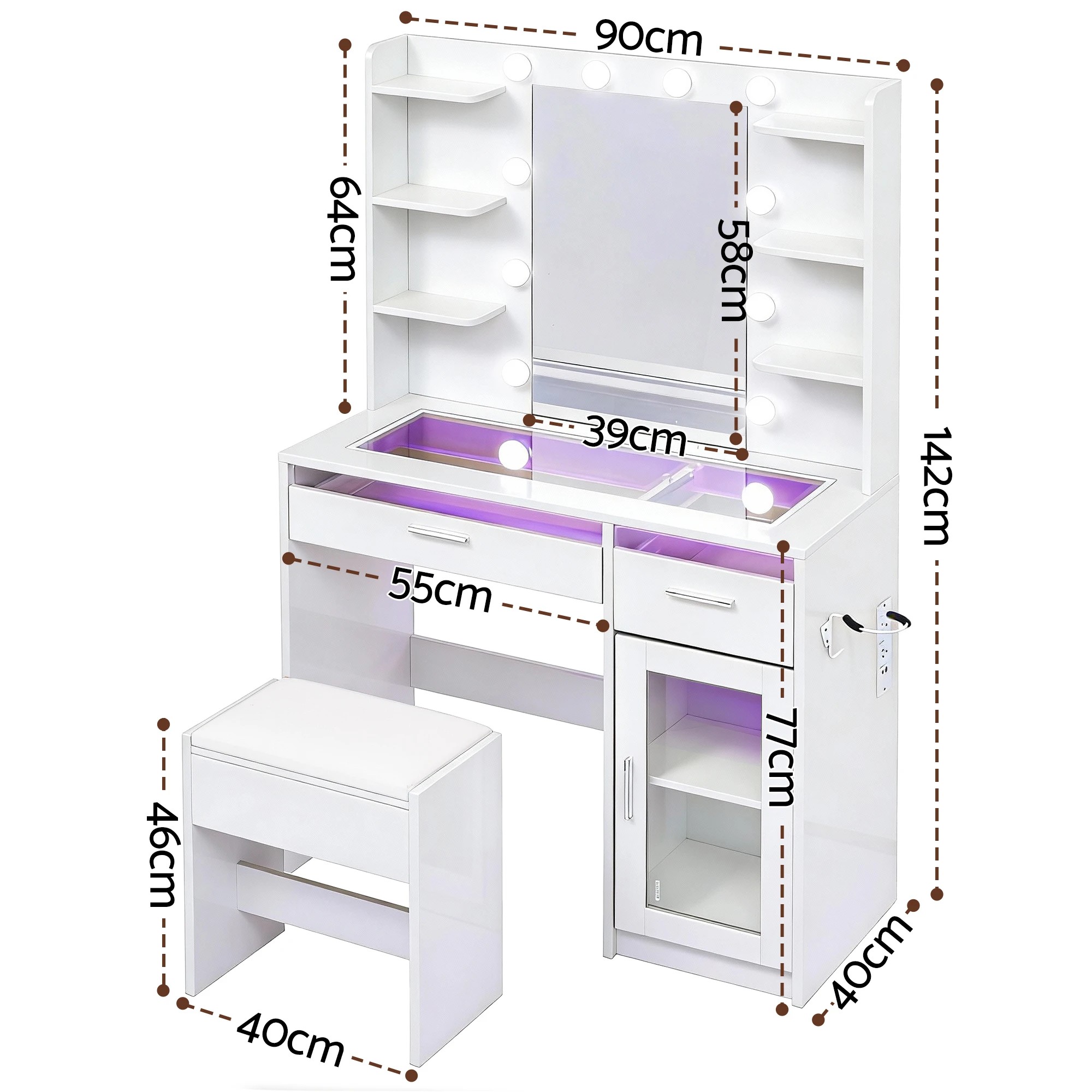 2 Artiss Dressing Table Vanity Desk Set 10 LED Bulbs RGB Light - White, 2 of 10