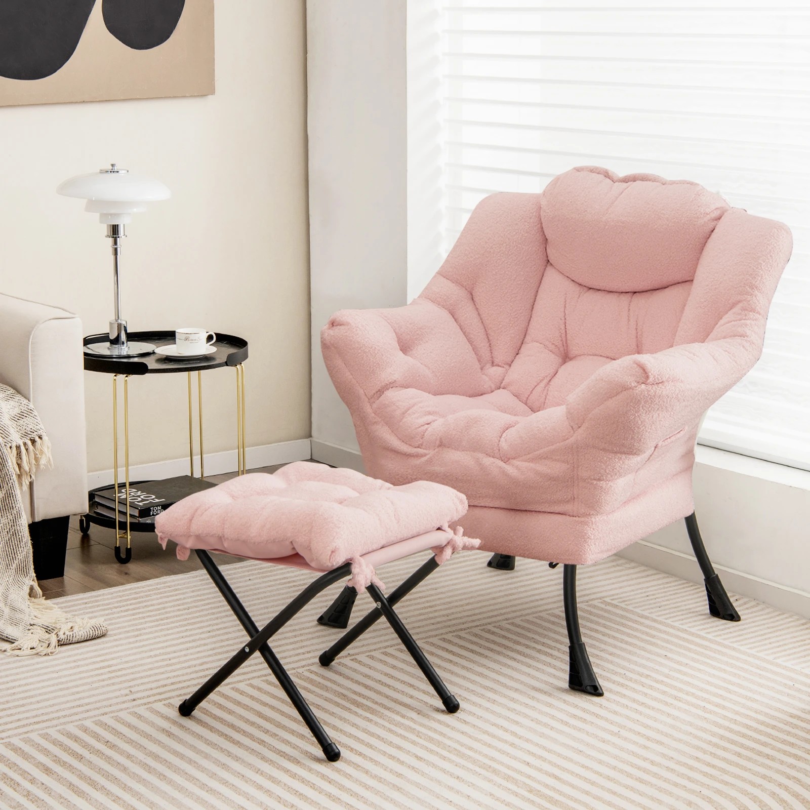 3 Costway Upholstered Lounge Chair Ottoman Modern Sofa Accent Armchair Couch w/Folding Footstool - Pink, 3 of 4