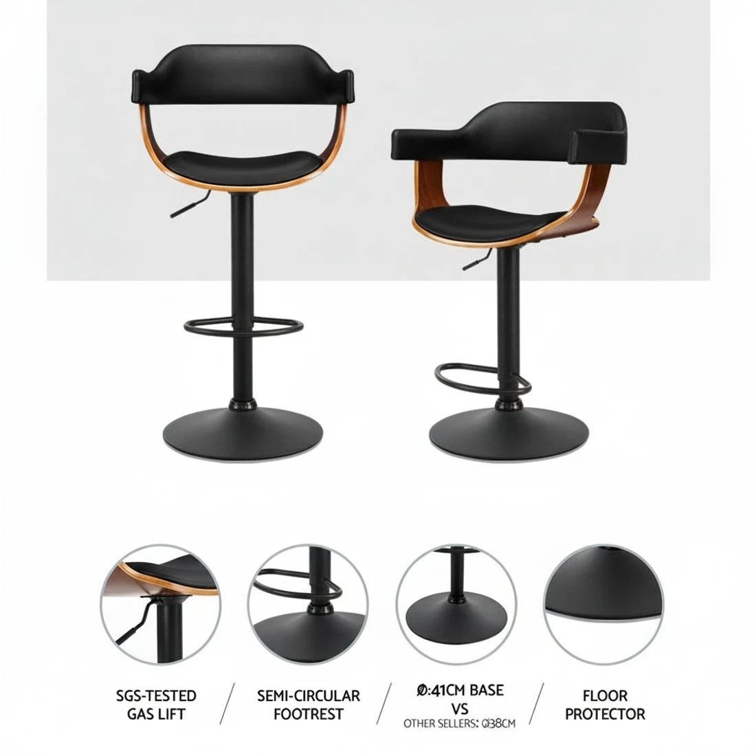 3 Artiss 2x Bar Stools Gas Lift Leather w/Armrest All - Black, 3 of 5