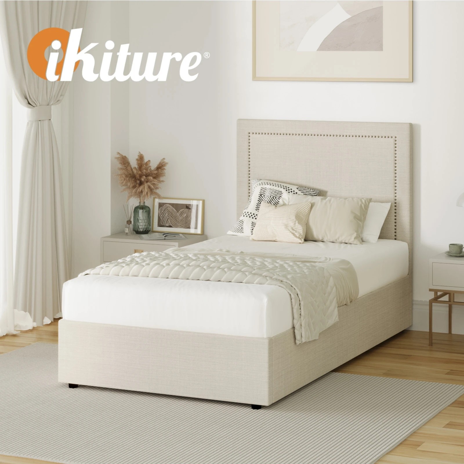 8 Oikiture Bed Frame King Single Gas Lift Base with Storage ADI - Beige, 8 of 10