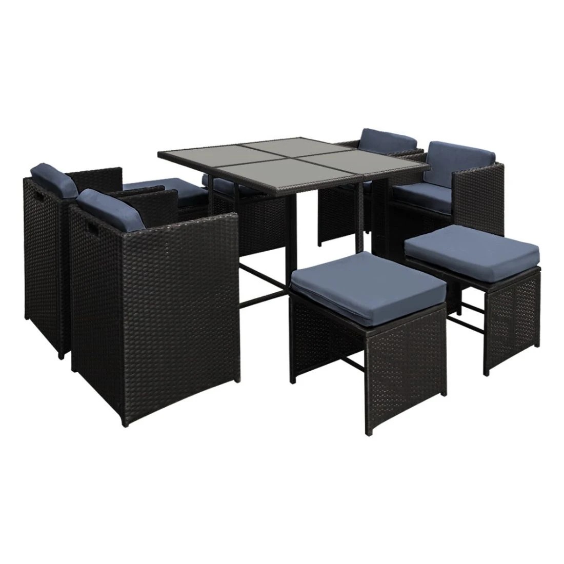 1 Gardeon Outdoor Dining Set 9 Piece Wicker Table Chairs Setting - Black, 1 of 6