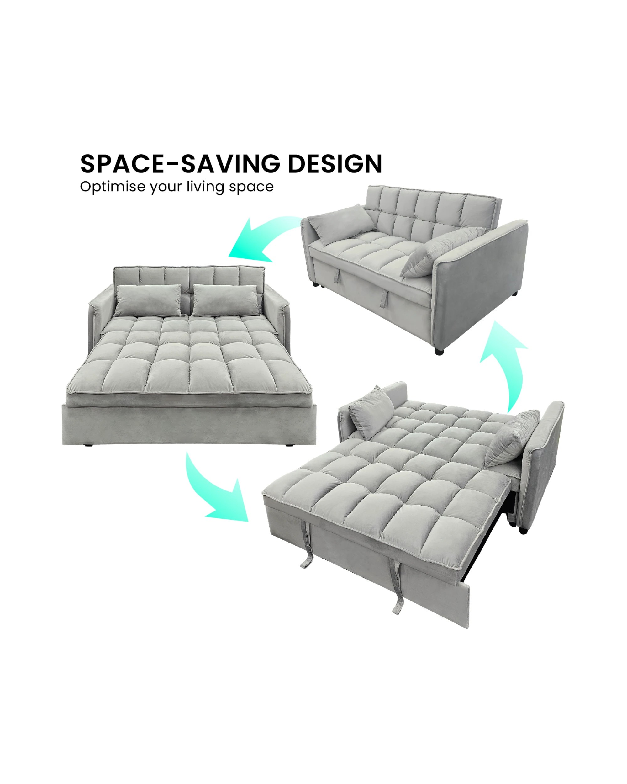 7 Sarantino Quincy 2-seater Velvet Sofa Bed In Light Grey With Wooden Frame And Tufted Design, 7 of 9
