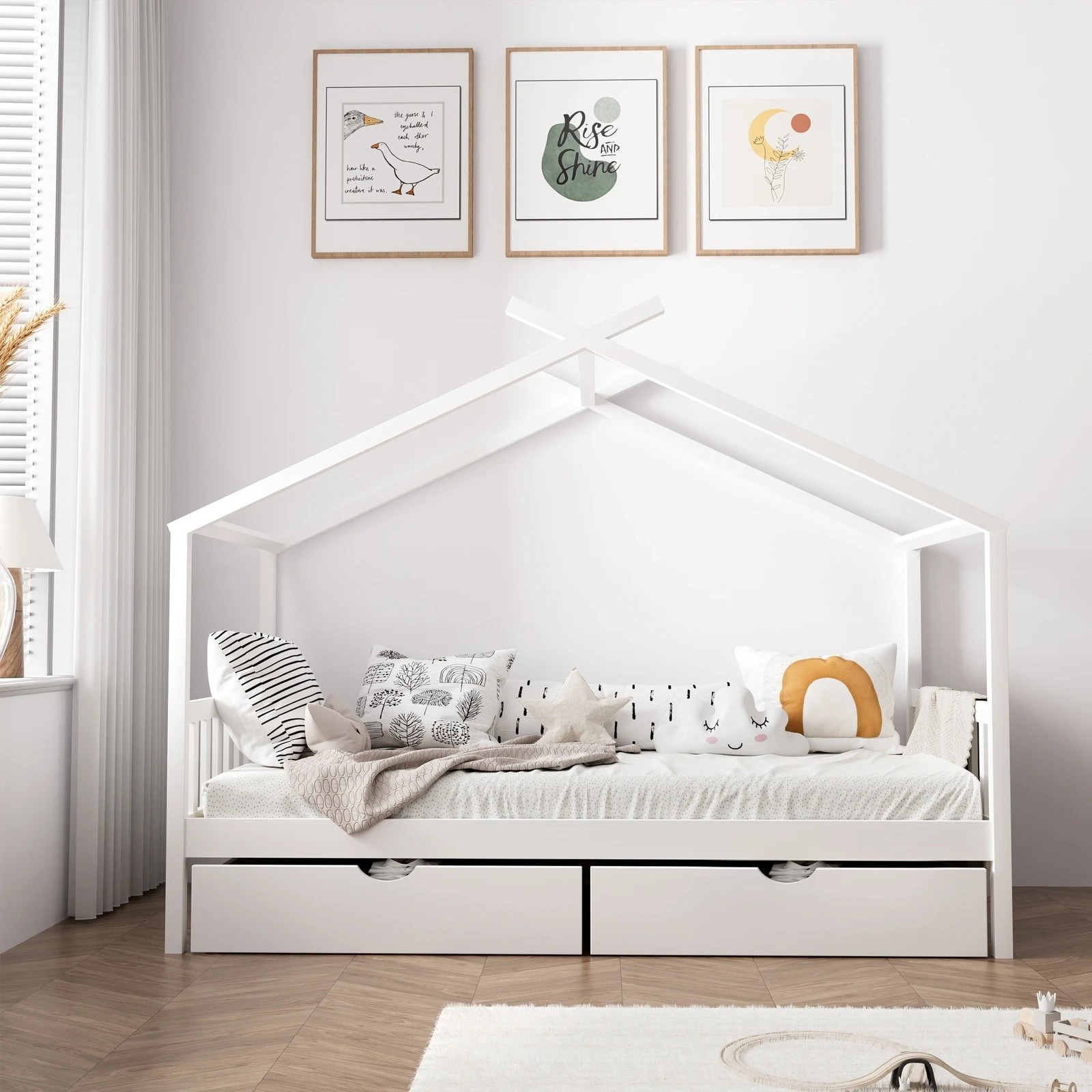 3 Oikiture Bed Frame Wooden Single Size Timber House Frame Storage Drawers
 - White, 3 of 10