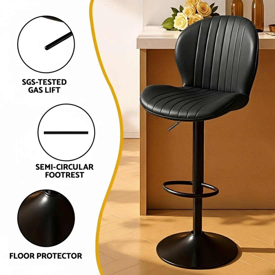 6 Artiss 2x Bar Stools Kitchen Swivel Gas Lift Counter Chair Shell Leather - Black, 6 of 7