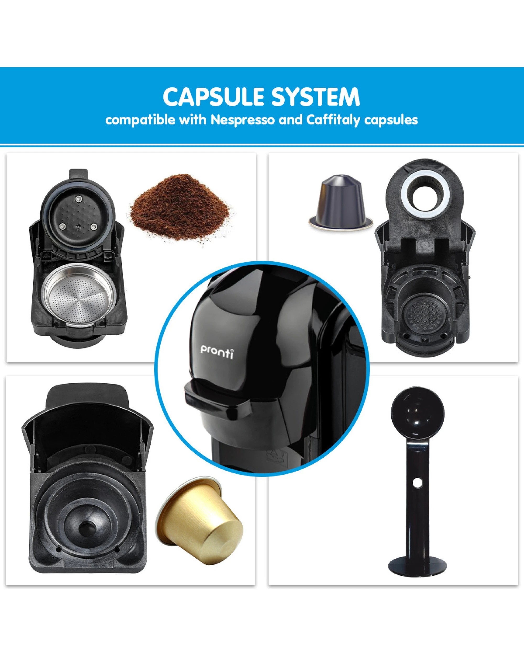 5 Pronti HomeMaid 3-in-1 Coffee Machine Multi-Capsule Pods Ground Coffee Nespresso Caffitaly Compatible CM-511HM, 5 of 10