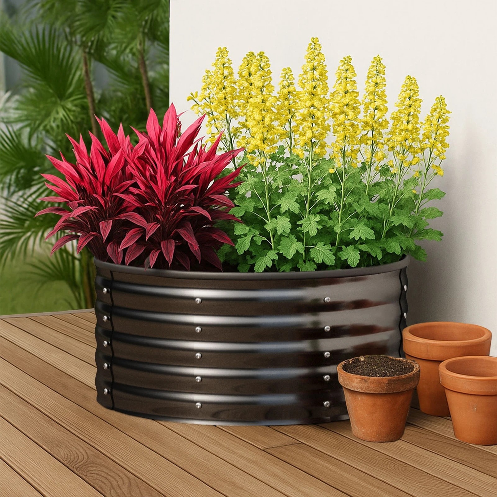 4 Livsip Garden Bed 90x45cm Galvanised Steel Raised Container Planter Box Round - Grey, 4 of 8