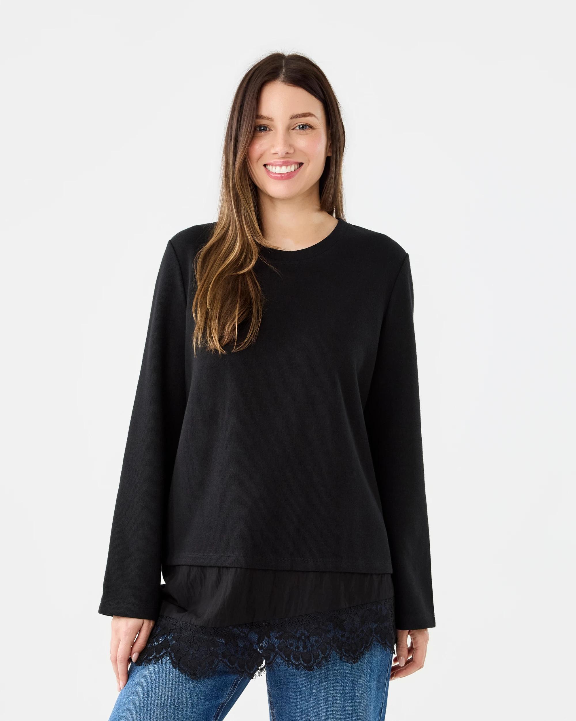 1 Long Sleeve Brushed Lace Trim Top Black, 1 of 7