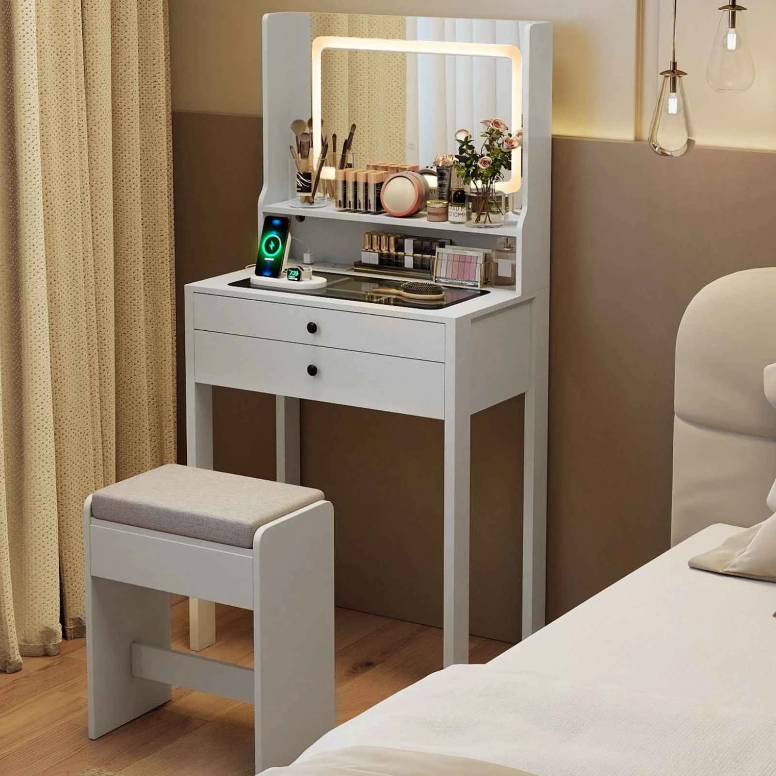 2 Costway Vanity Desk Set Tempered Glass Top Dressing Table Stool w/Power Outlets, 2 of 3