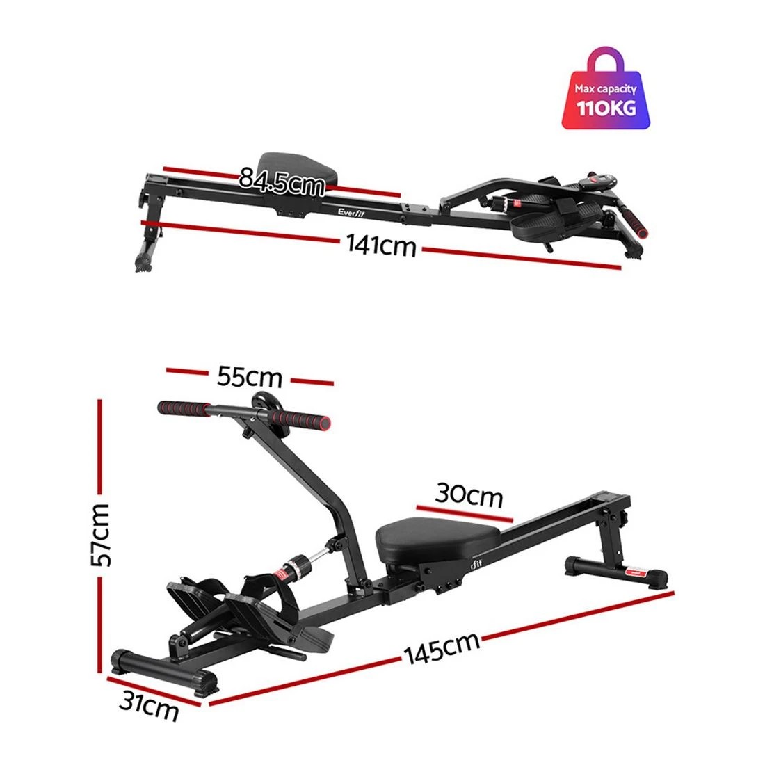 2 Everfit Hydraulic Rowing Machine Rower 12 Levels Resistance Exercise Fitness Gym - Black, 2 of 6