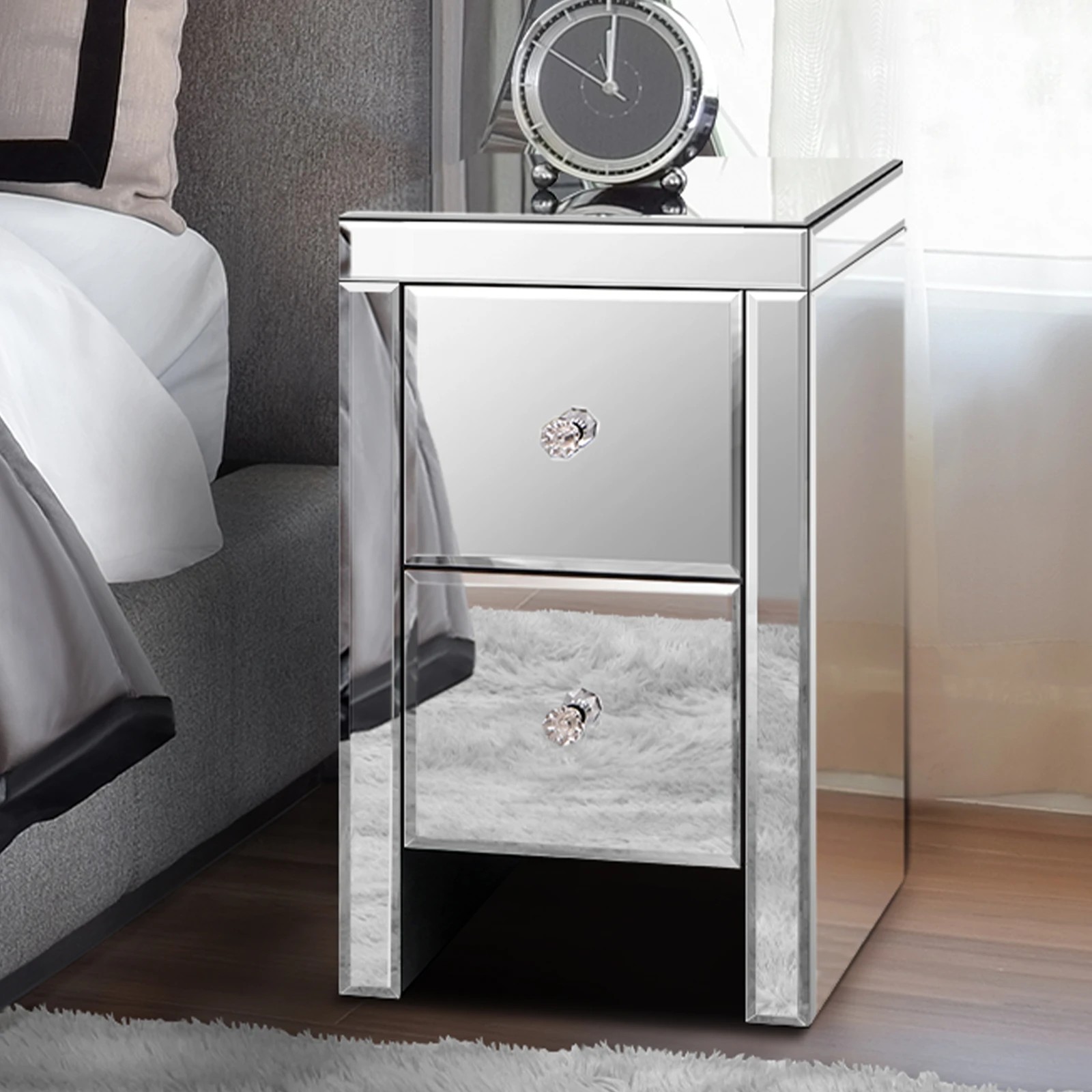 2 Alfordson Bedside Table Mirrored Cabinet Nightstand Side End Table Drawers - Silver, 2 of 10