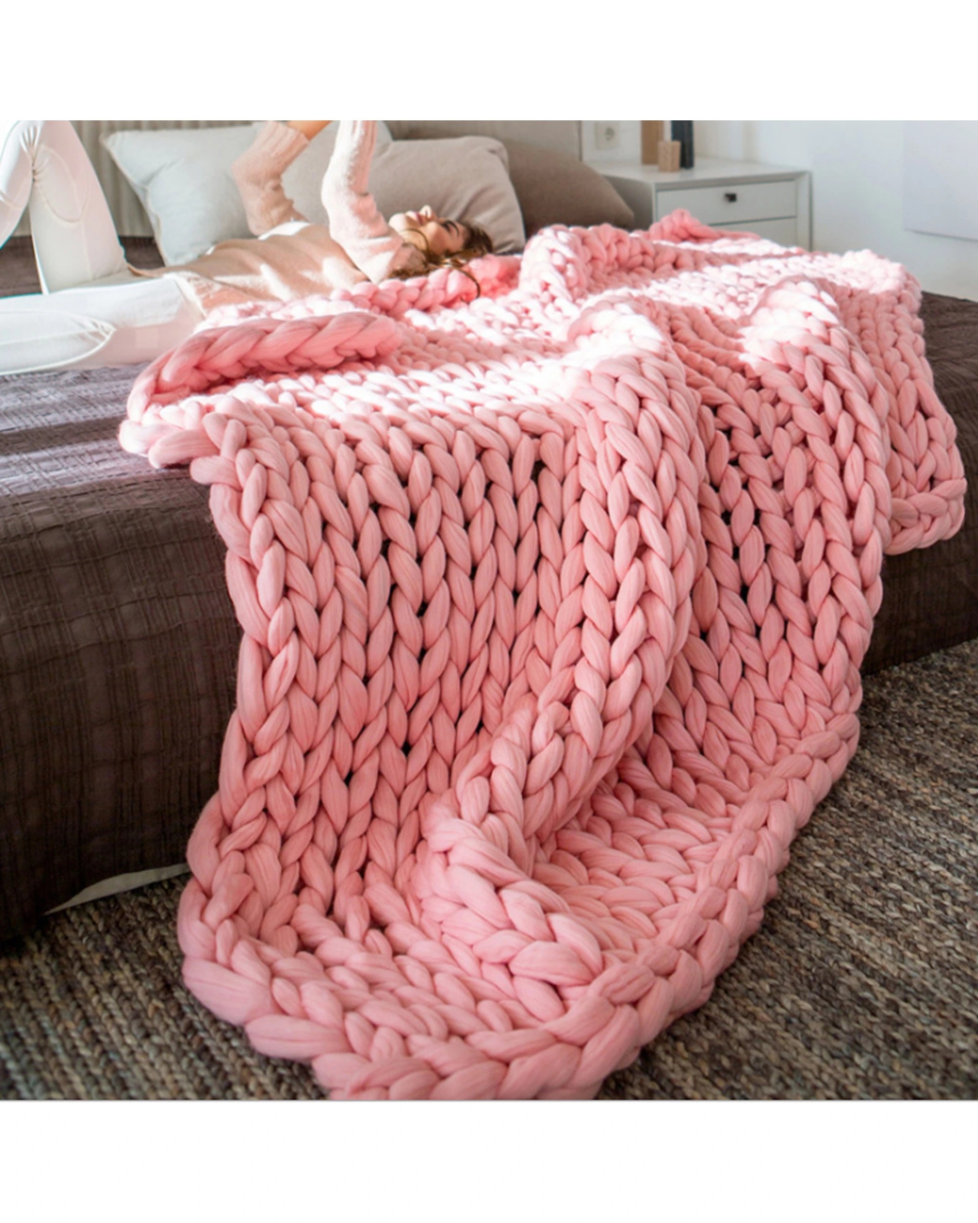 2 Cotton More Hand Knitted Chunky Blanket 120x180cm Coral - Pink, 2 of 3