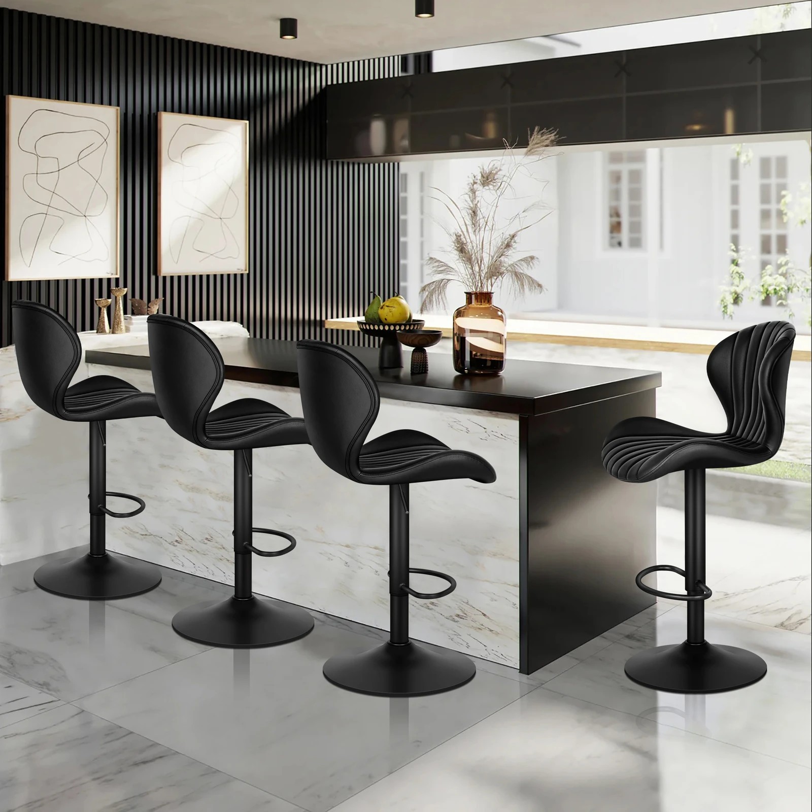 8 Alfordson 4x Bar Stools Gas Lift Leather Bar Chairs Kitchen Swivel Stella - Black, 8 of 10