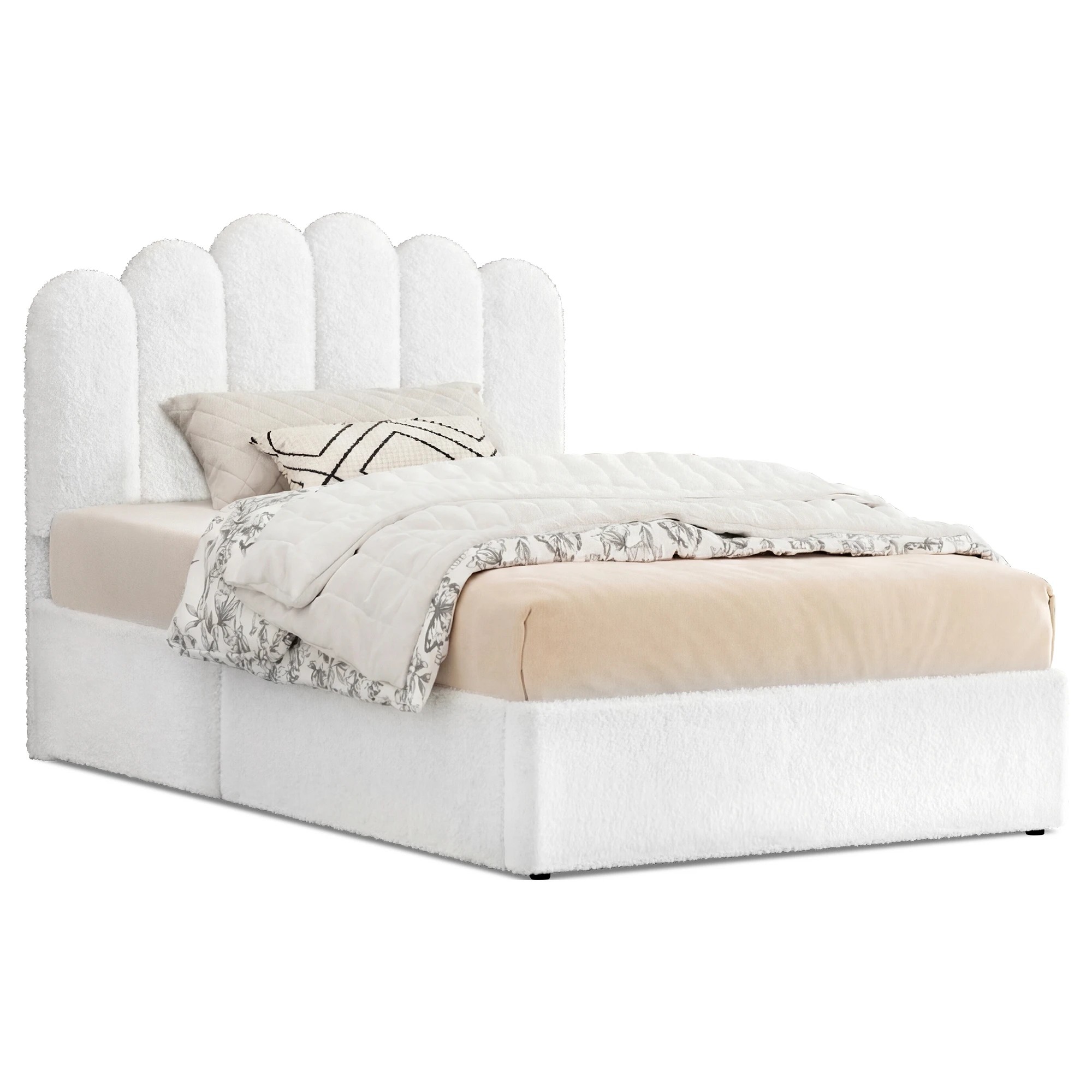 1 Alfordson Bed Frame Single Size Gas Lift Storage Base Wooden Boucle Mutis - White, 1 of 9