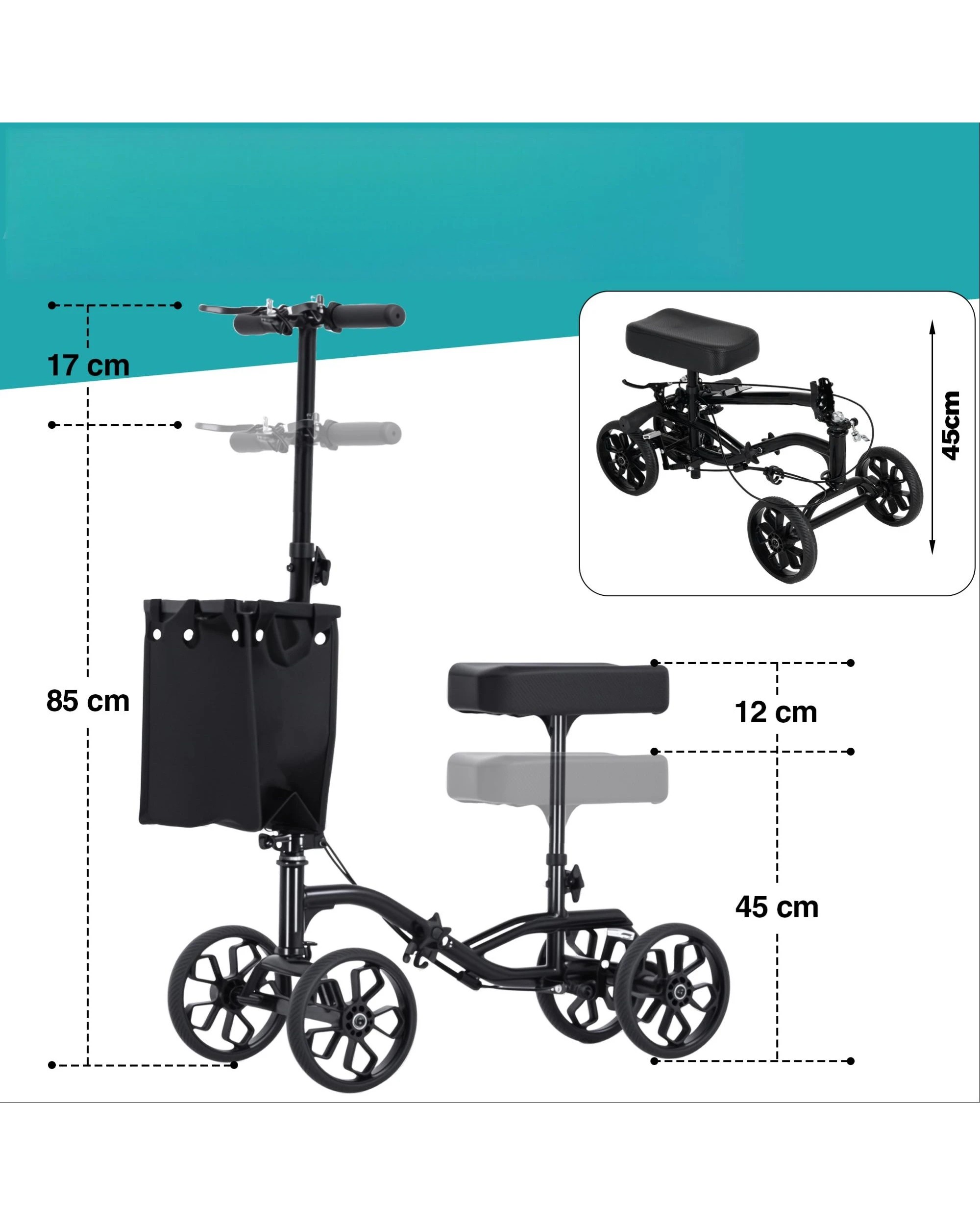 5 Advwin Knee Walker with 10" Rubber Tires - Black, 5 of 8
