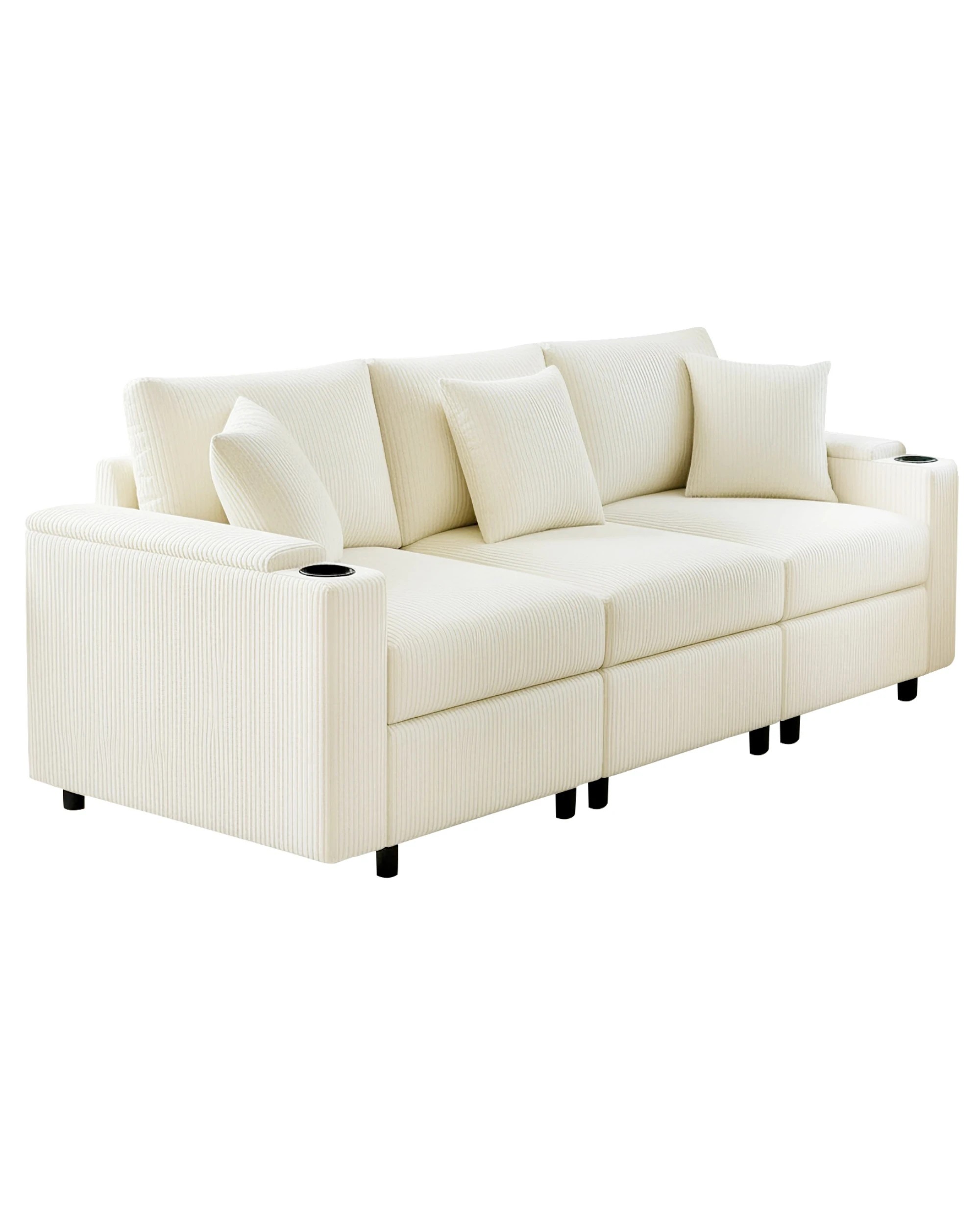 2 Advwin Sofa 256cm Corduroy Modular Couch with Storage Armrests and Cup Holder - Beige, 2 of 10