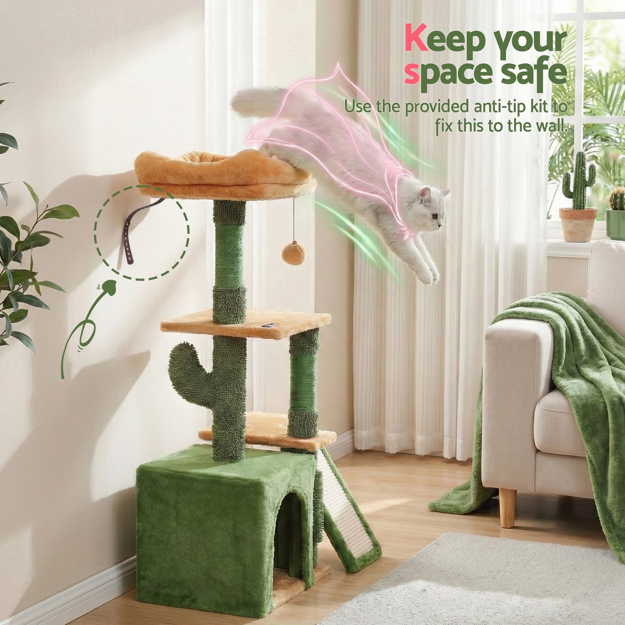 5 i.Pet Cat Tree Tower 101cm Scratching Post Furniture Scratcher House - Green, 5 of 7