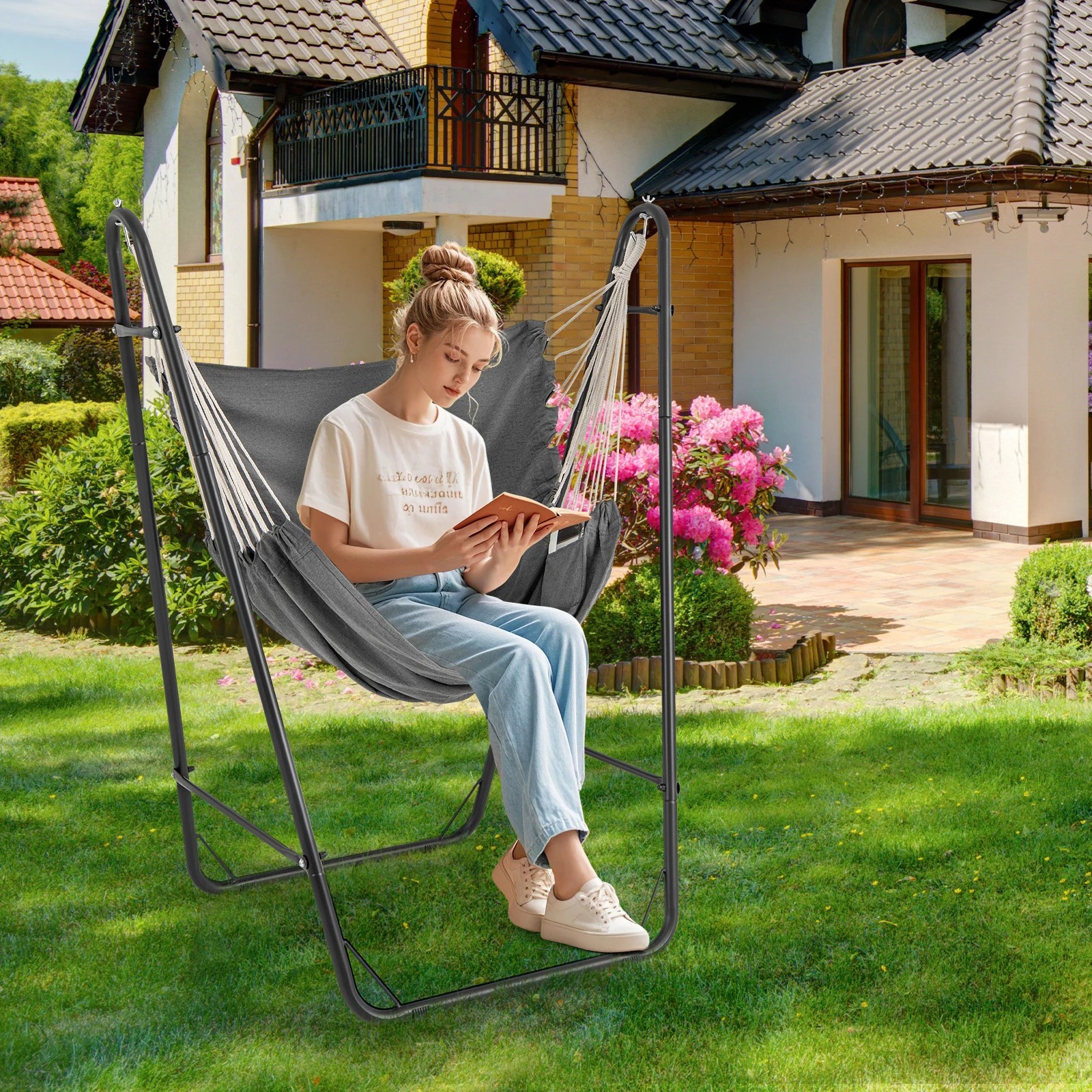 3 Costway Hammock Chair Portable Swing Hanging Chairs w/Metal Stand - Grey, 3 of 3