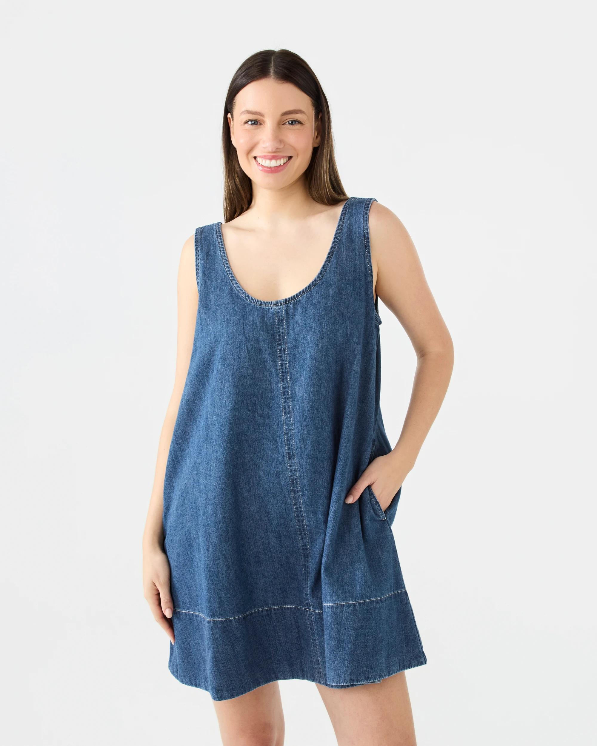 1 Sleeveless Chambray Swing Mini Dress Indigo Wsh, 1 of 8