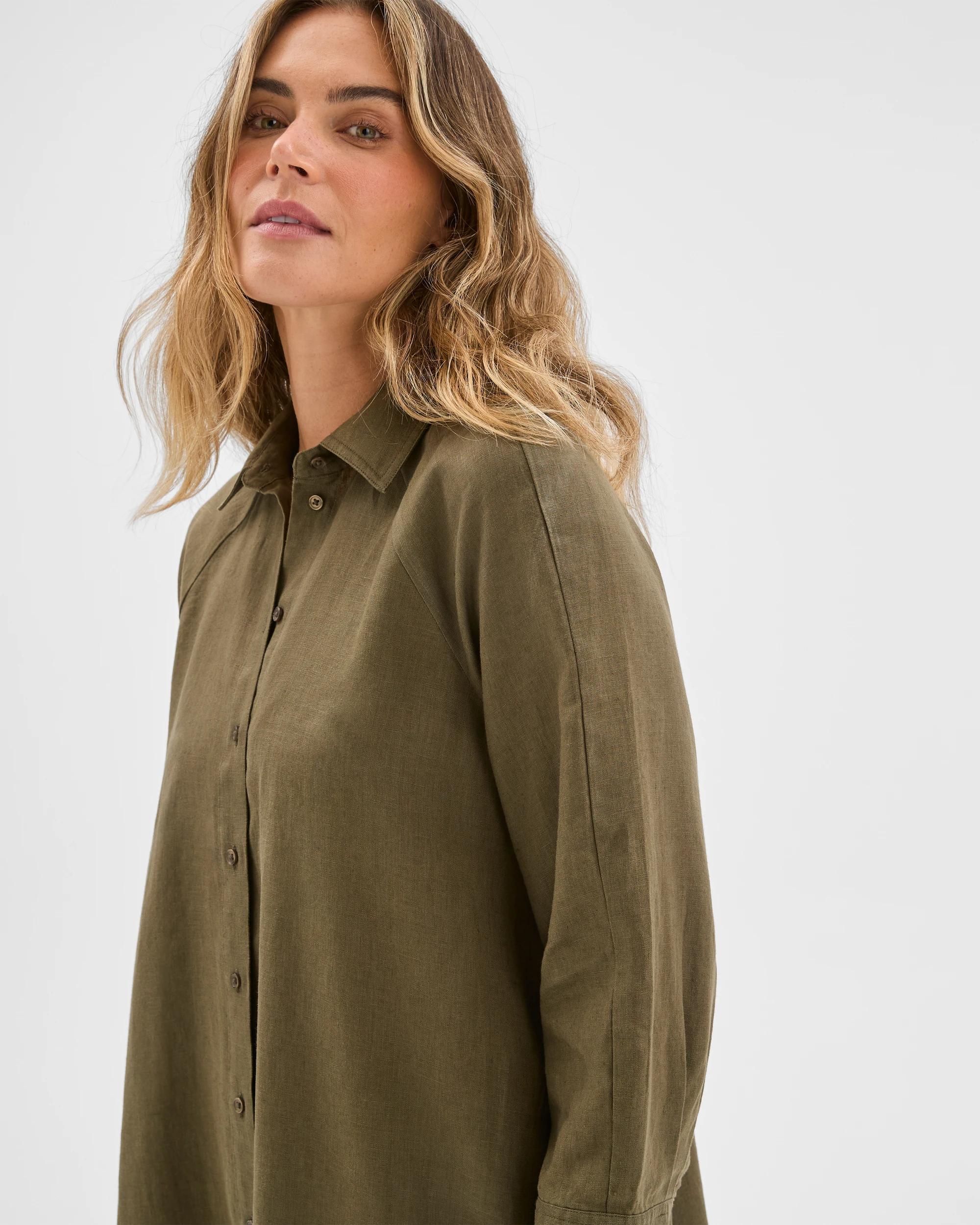 5 Target Woman European Linen 3/4 Sleeve Midi Shirt Dress DUSTY MOSS, 5 of 6