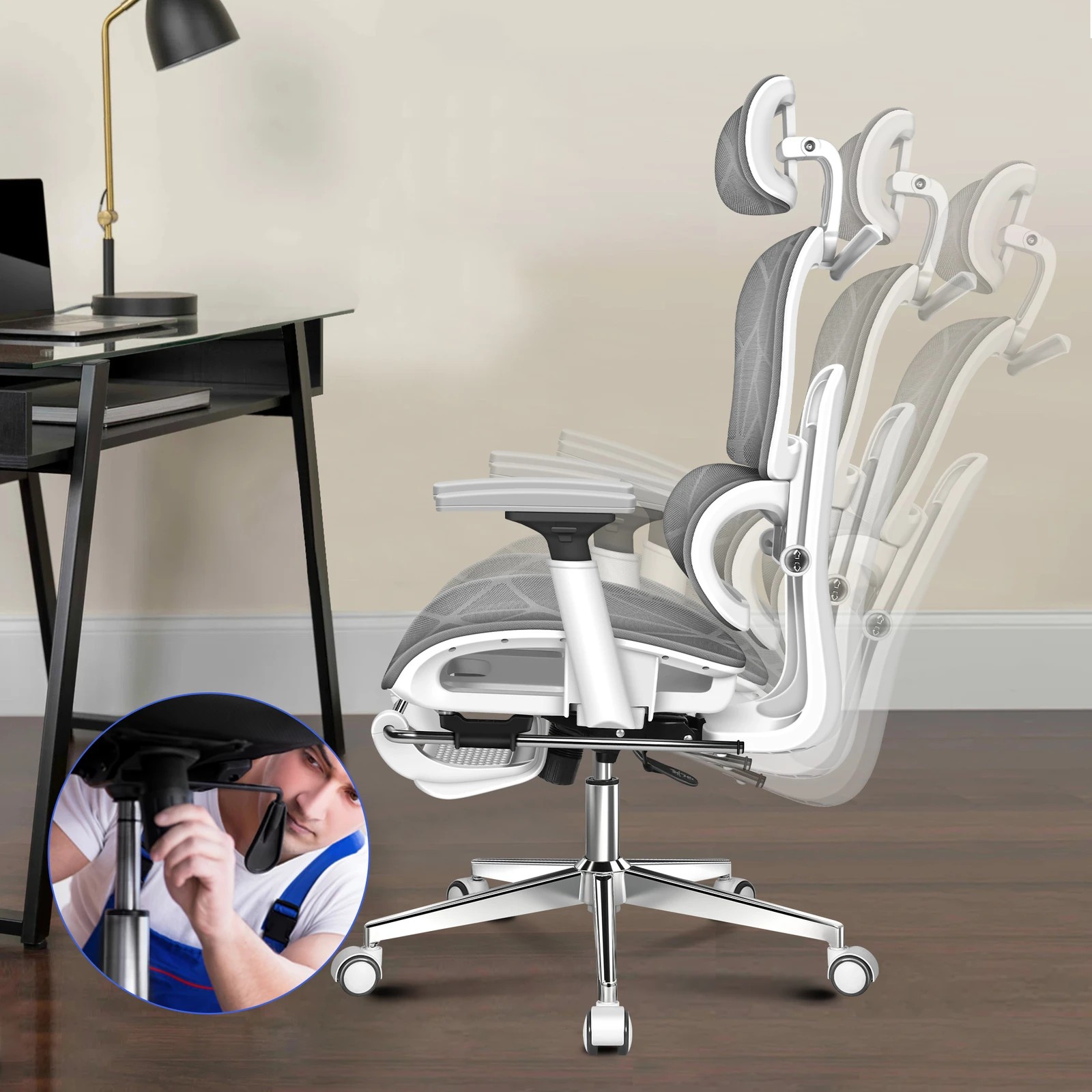 5 Alfordson Ergonomic Office Chair Mesh Executive Gaming Work Seat - White Grey, 5 of 10