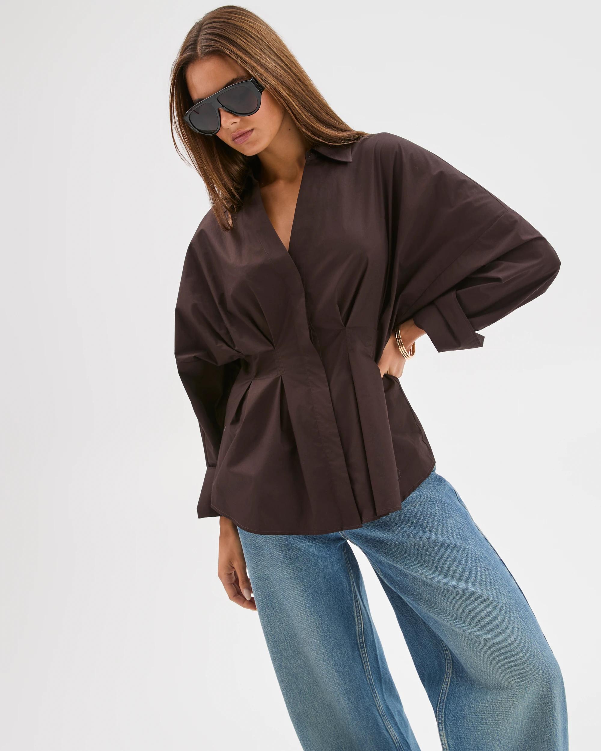 3 Lily Loves Australian Cotton Poplin Cinched Waist Shirt TRUFFLE, 3 of 8