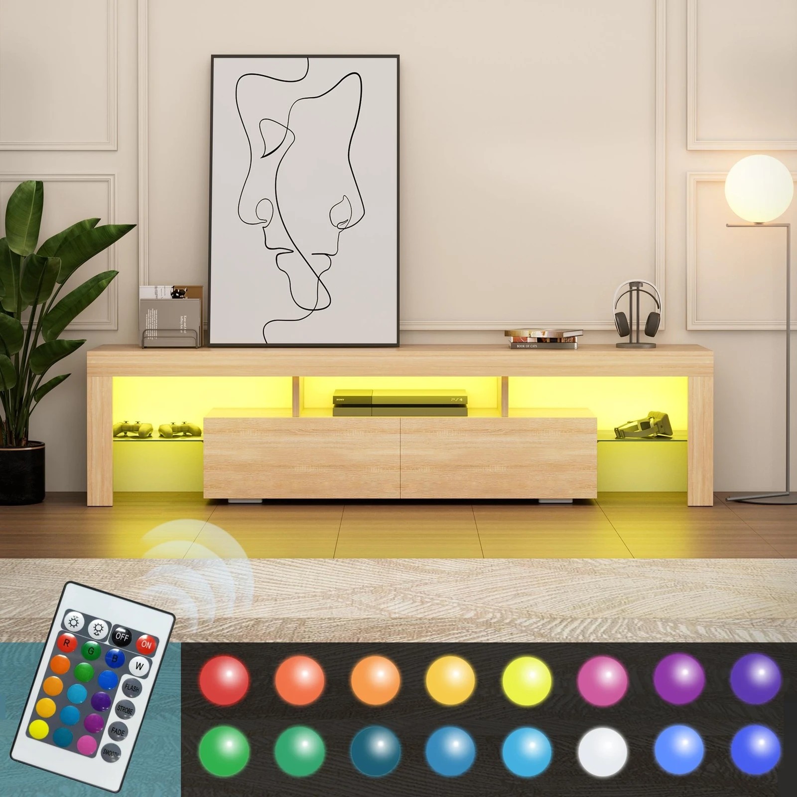 7 Alfordson Entertainment Unit 160cm TV Stand LED Light Storage Drawer - Oak, 7 of 10