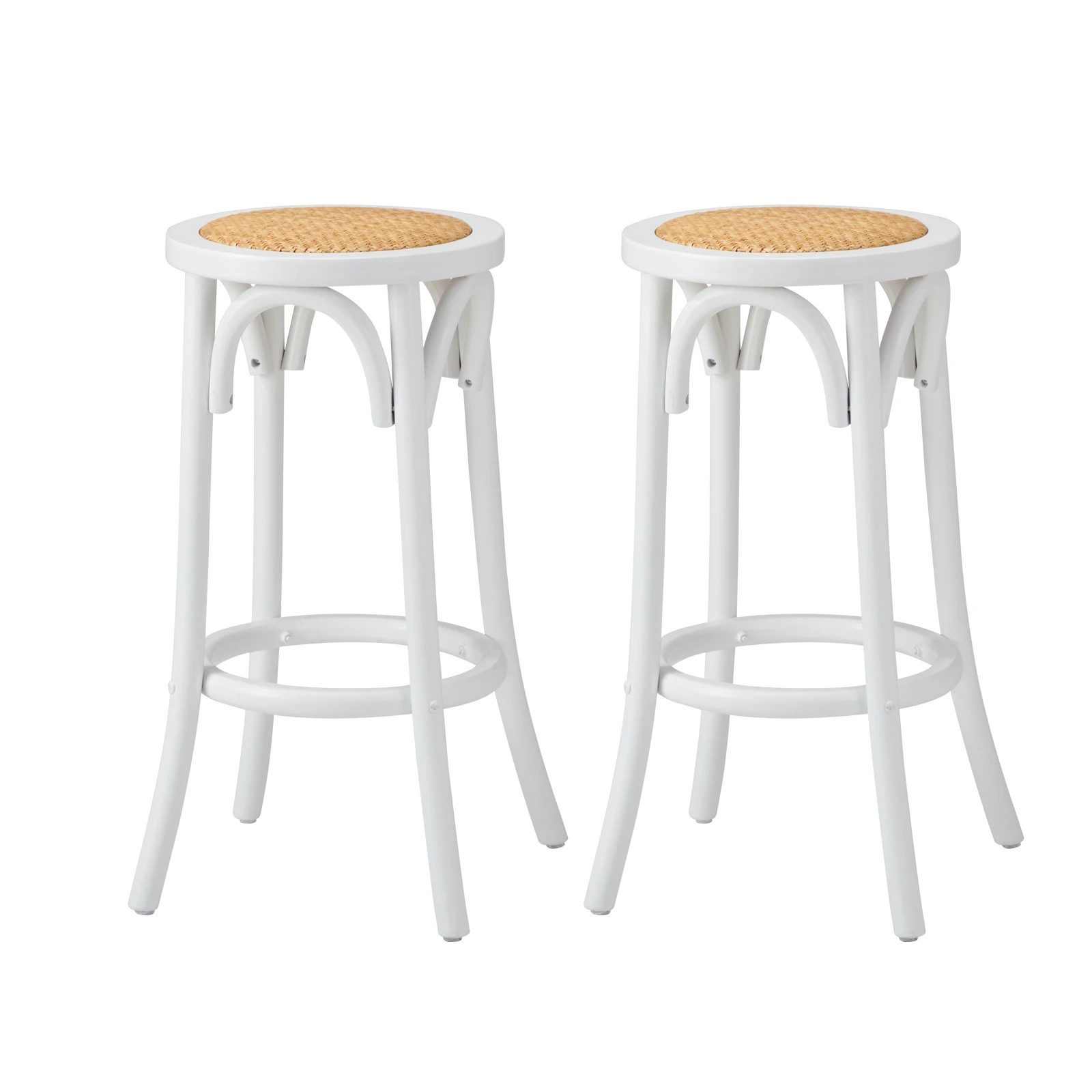 1 Oikiture 2x Bar Stools Kitchen Vintage Dining Chair Rattan Seat
 - White, 1 of 10