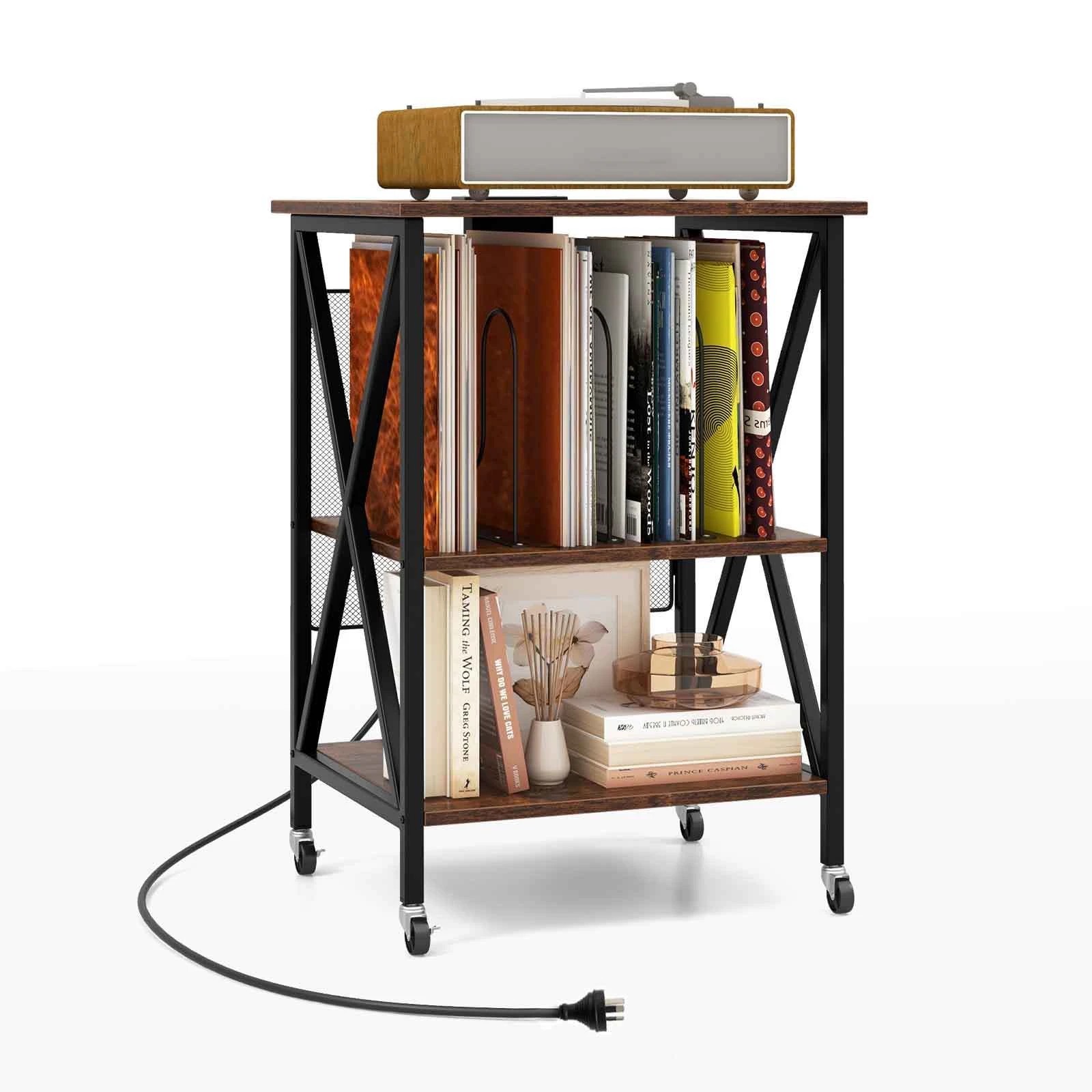 7 Costway Mobile Record Player Stand w/Charging Station 3-Tier Side End Table, 7 of 8
