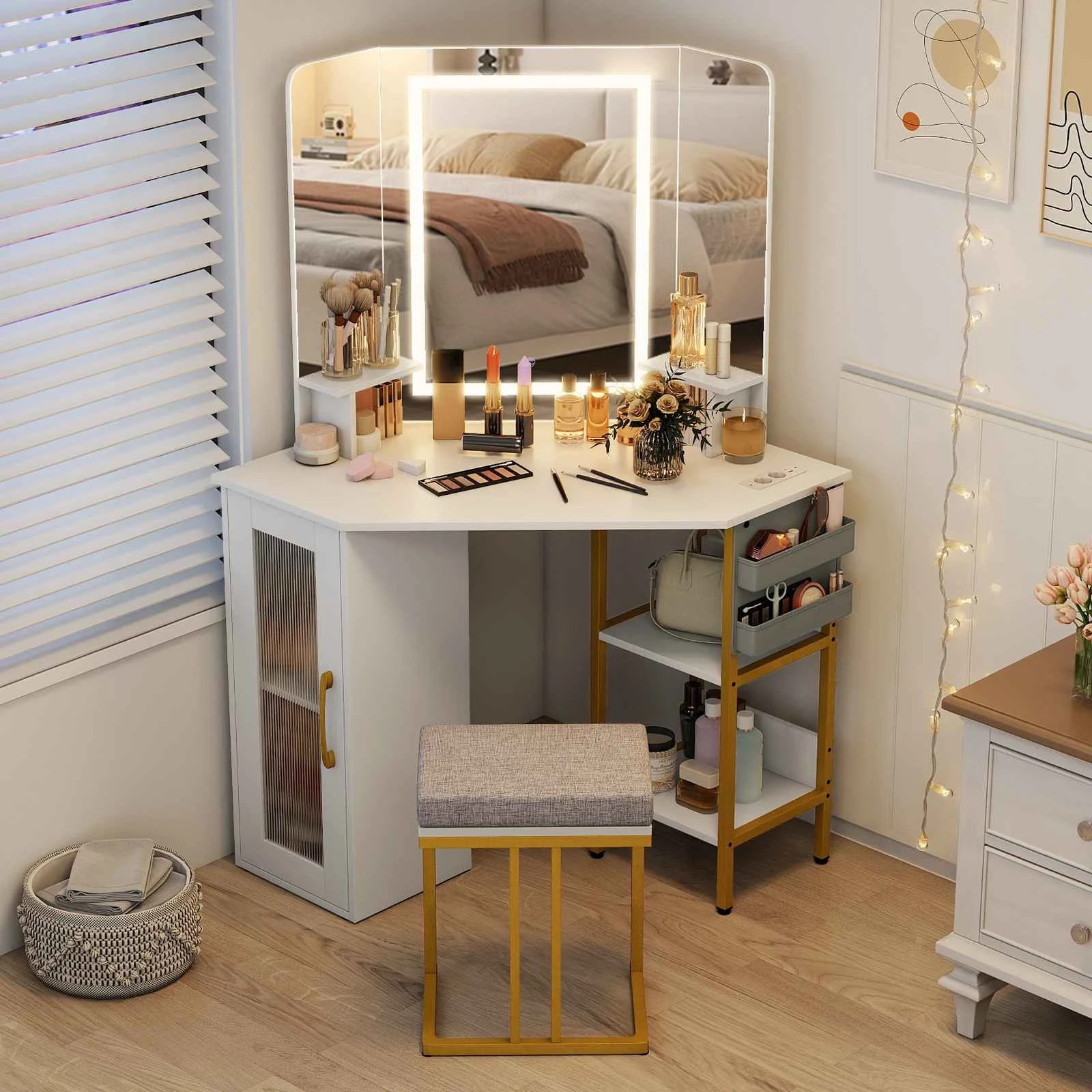 4 Costway Vanity Desk Set w/Triple Mirror & Lights Corner Dressing Table & Chair, 4 of 6
