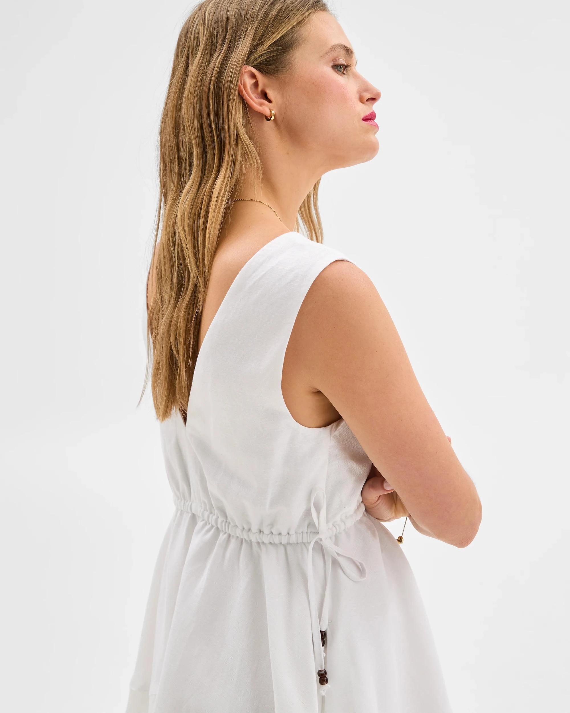 2 European Linen Blend Cinched Waist Mini Dress - Lily Loves IVORY, 2 of 5