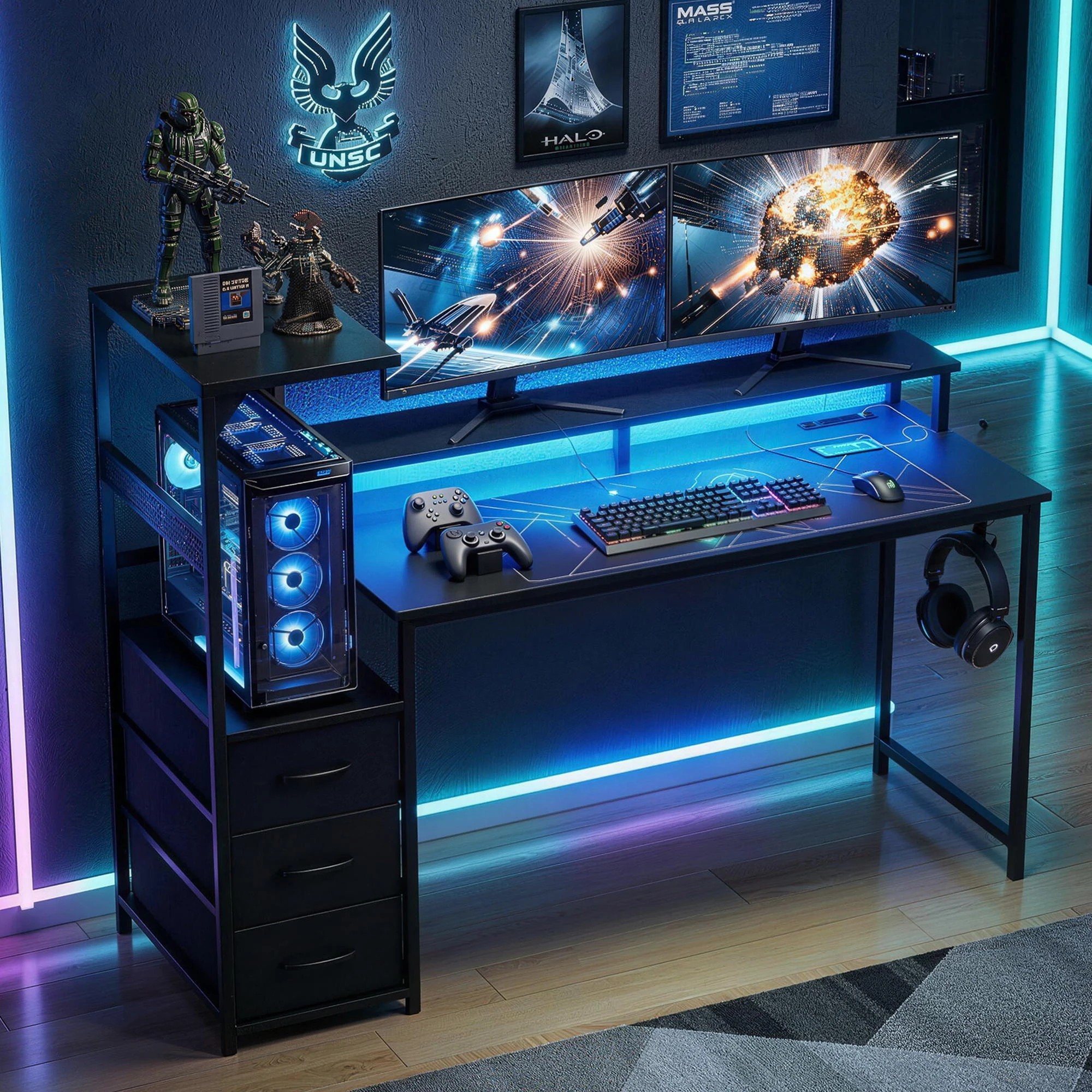5 Artiss 145cm L Shaped Gaming Desk Computer Desk with LED Lights & Power Outlets - Black, 5 of 5