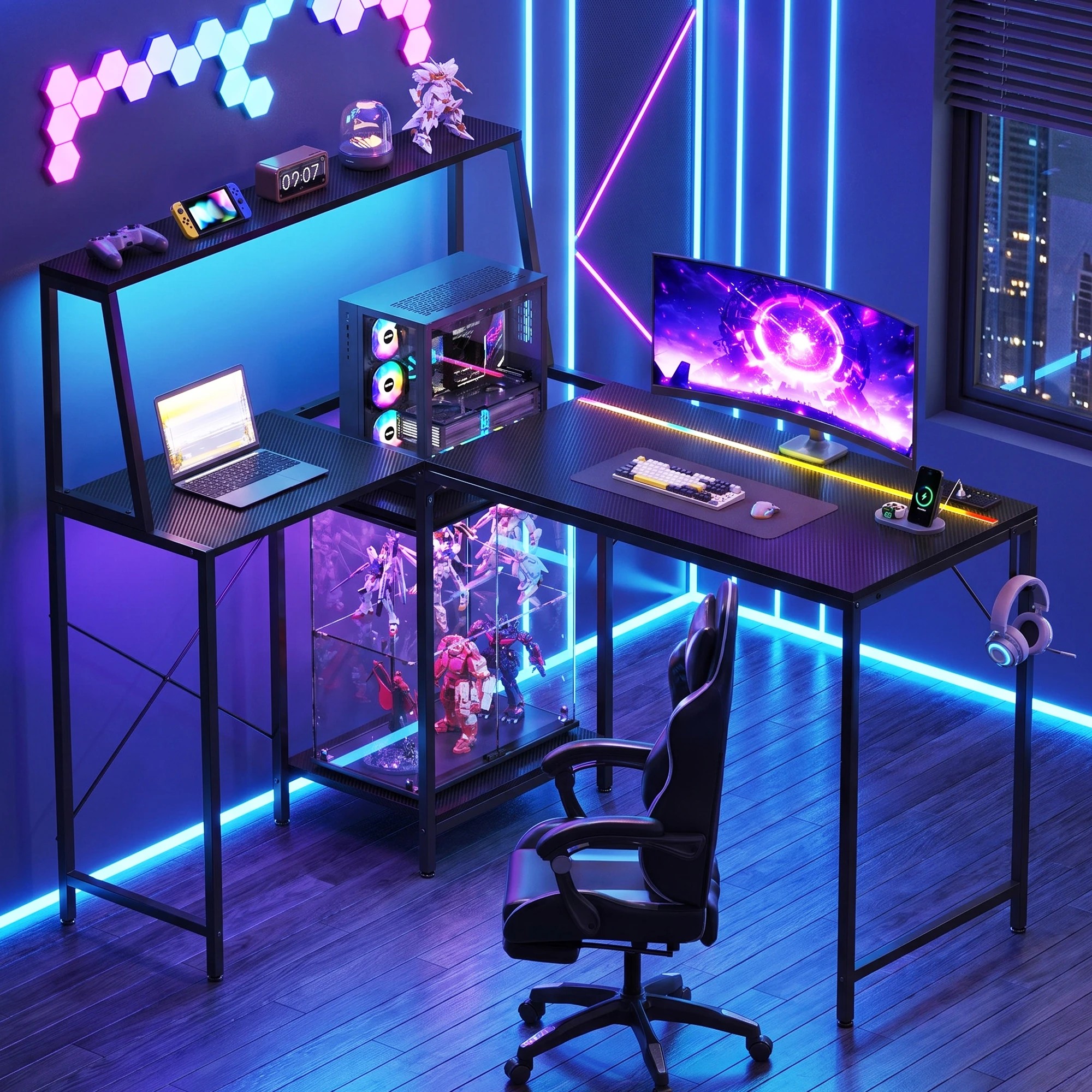 Advwin Computer Desk 115cm LED Gaming Desk w/ Adjustable Recessed Shelf ...
