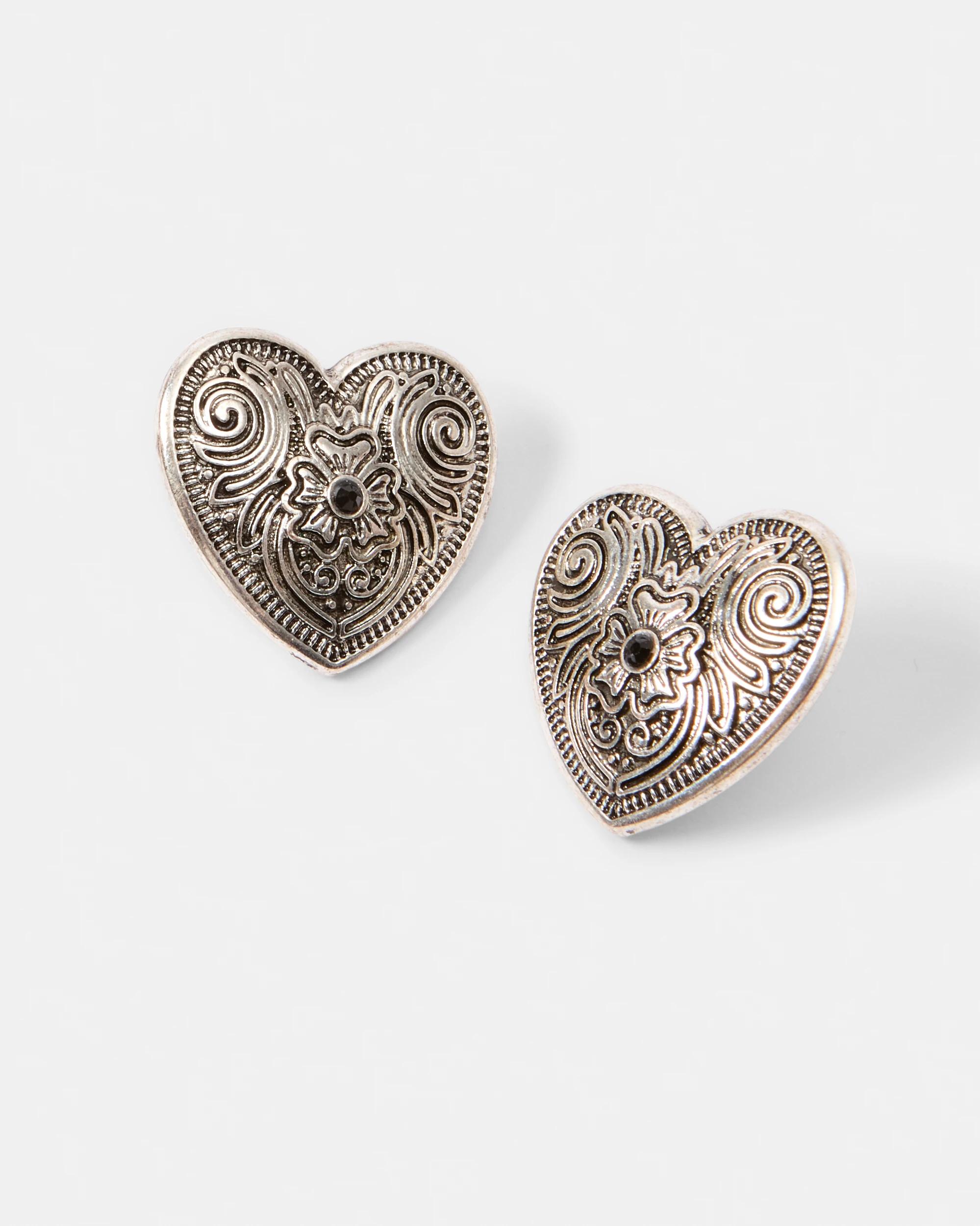 2 Western Heart Stud Earrings - Silver Tone Silver, 2 of 5