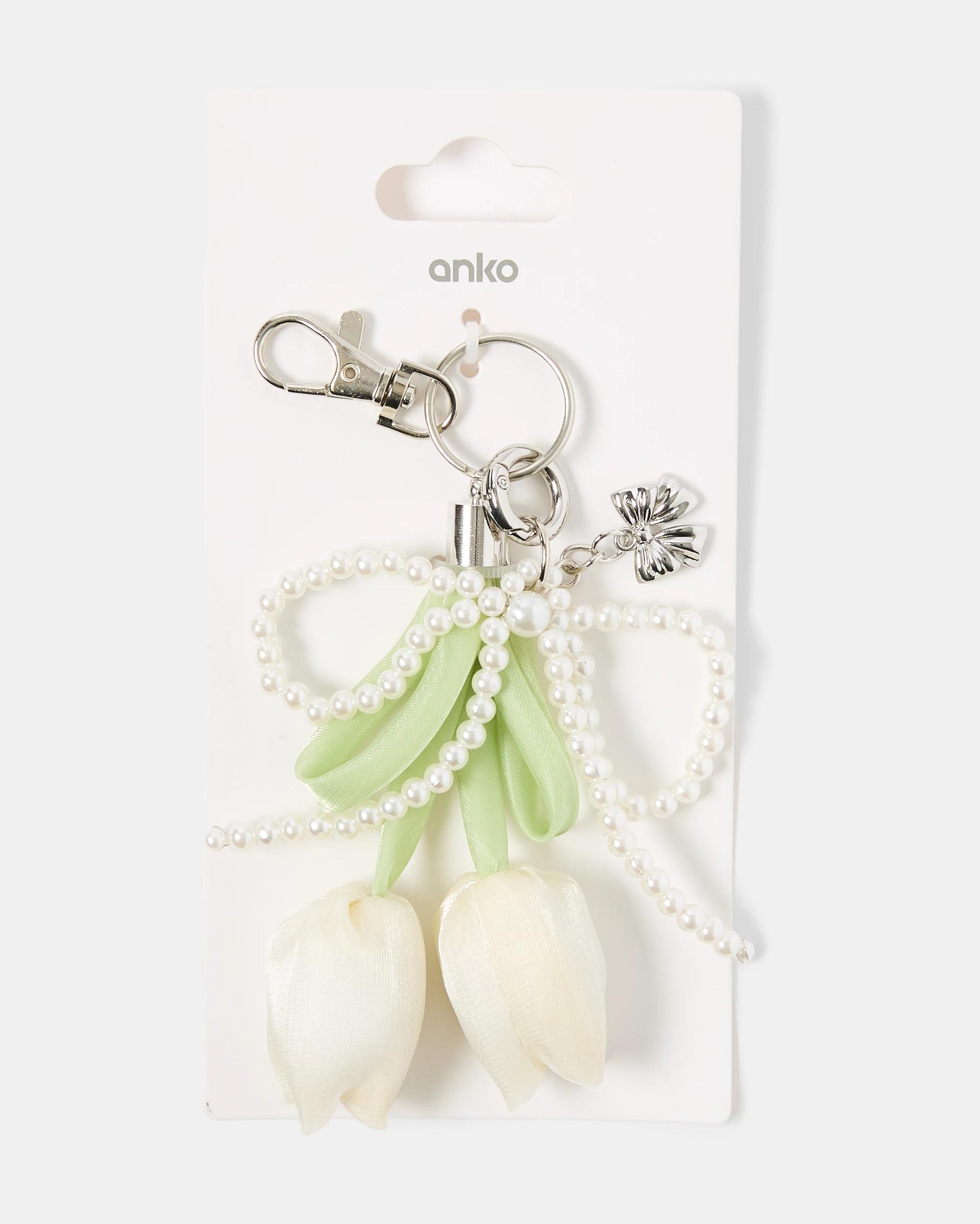 1 Tulip Faux Pearl Bag Charm Keyring - White, Green and Silver Tone White2, 1 of 3