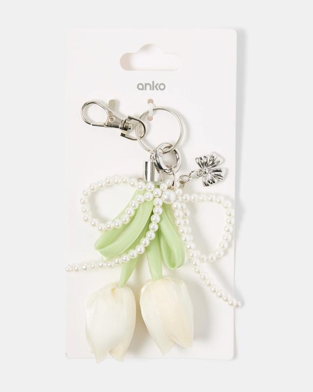 Tulip Faux Pearl Bag Charm Keyring - White, Green and Silver 