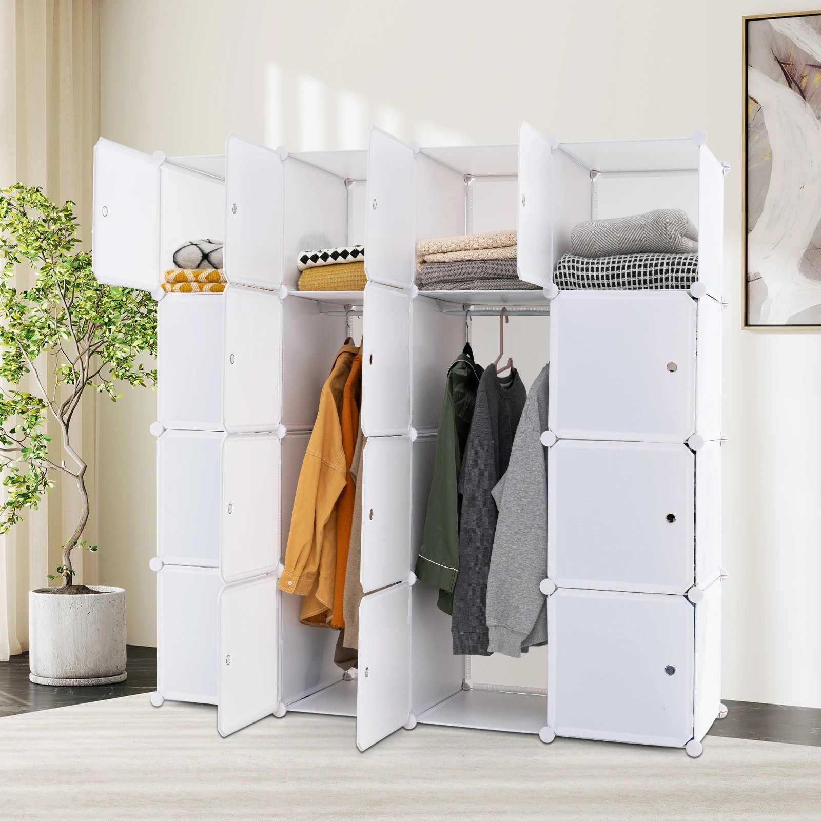 2 Costway 16-Cube DIY Wardrobe Portable Closet w/2 Hanging Rods Clothes Storage Cabinet Organizer - White, 2 of 3